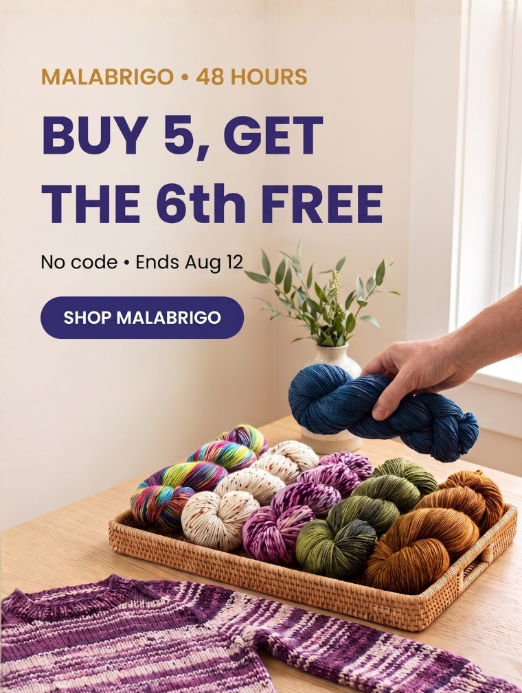 Malabrigo yarn buy 5, get 1 free promotion featuring colorful hand-dyed skeins