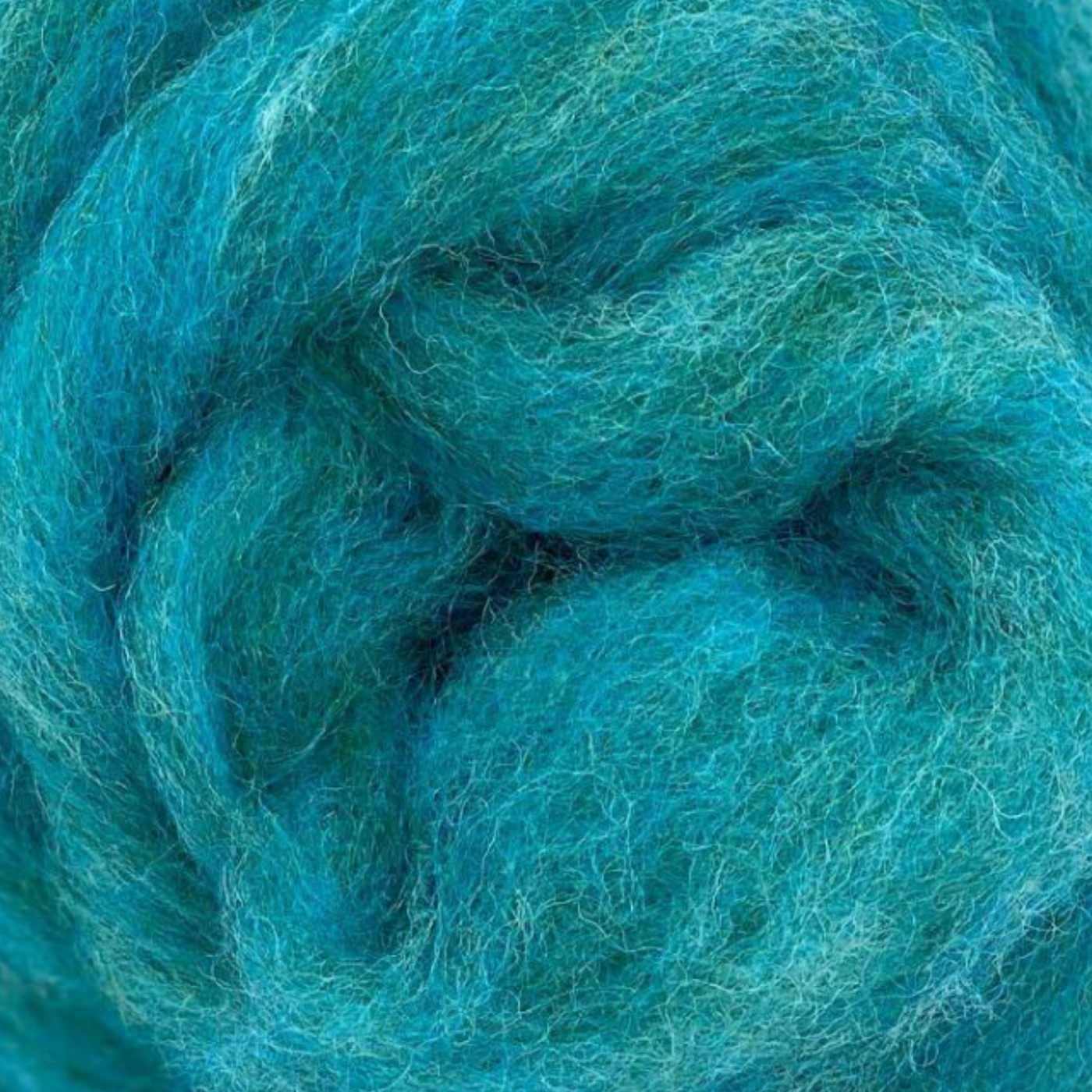 Bubblegum color from Revolution Fibers Ocean Blues Corriedale Wool Sliver, highlighting the blue-green pastel shade for beach glass-inspired crafts and ocean fiber art.