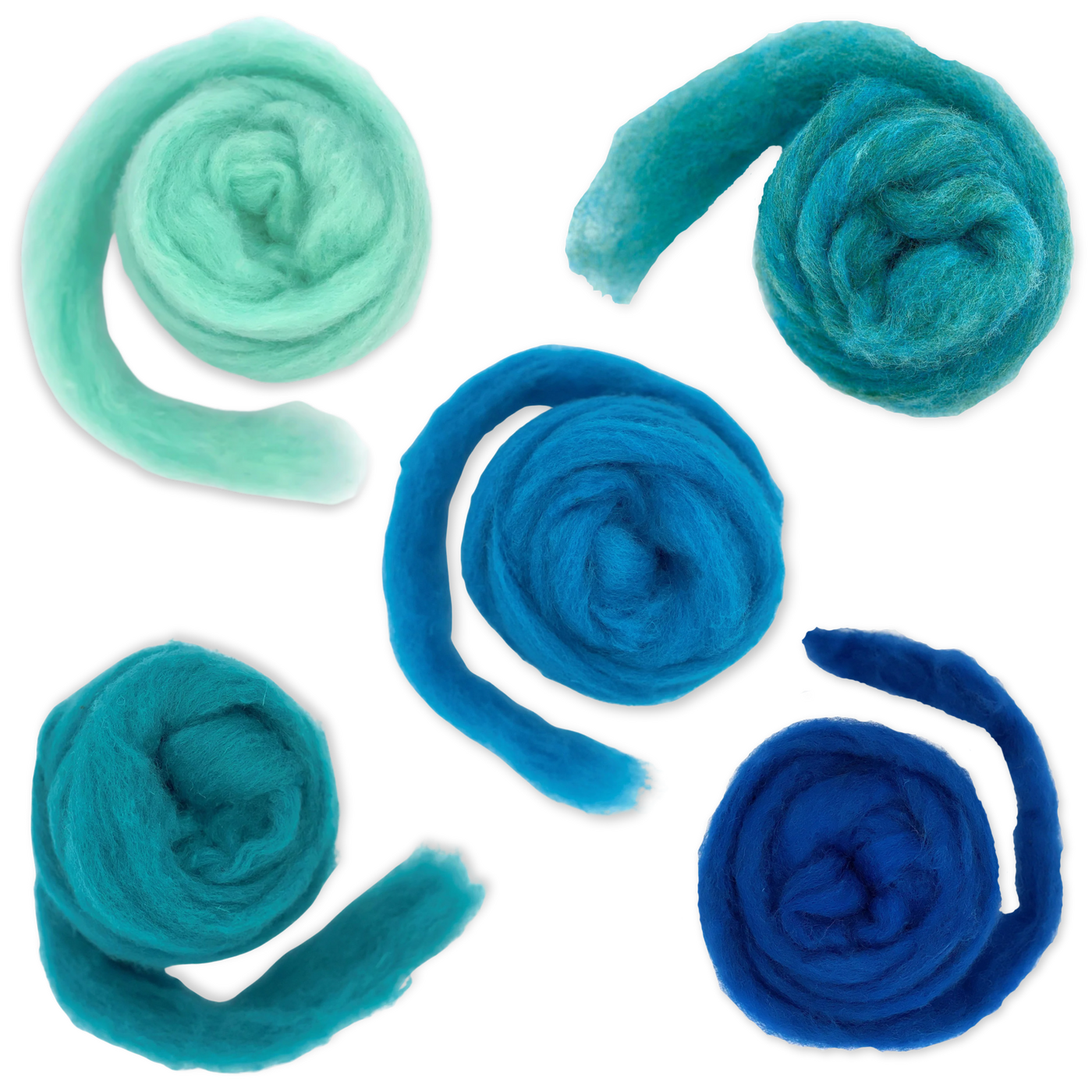 Flatlay image of all five Ocean Blues Corriedale Wool Sliver rolls by Revolution Fibers, spread out for clear color comparison—Aqua, Bubblegum, Cerulean, Fusion, Mediterranean.