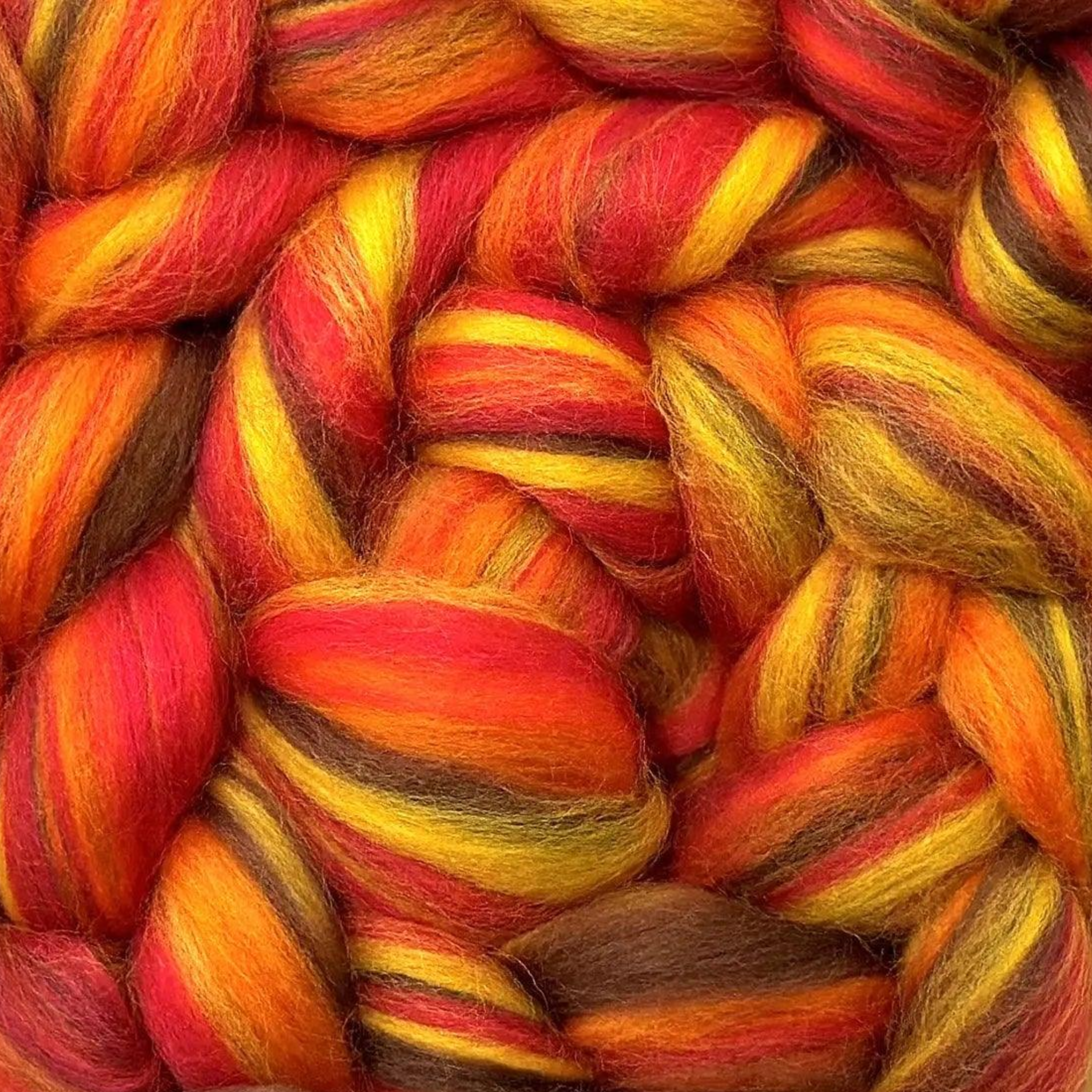 “Blaze” Luminoso merino wool top—fiery oranges & golds ideal for art-yarn, weaving, crafts