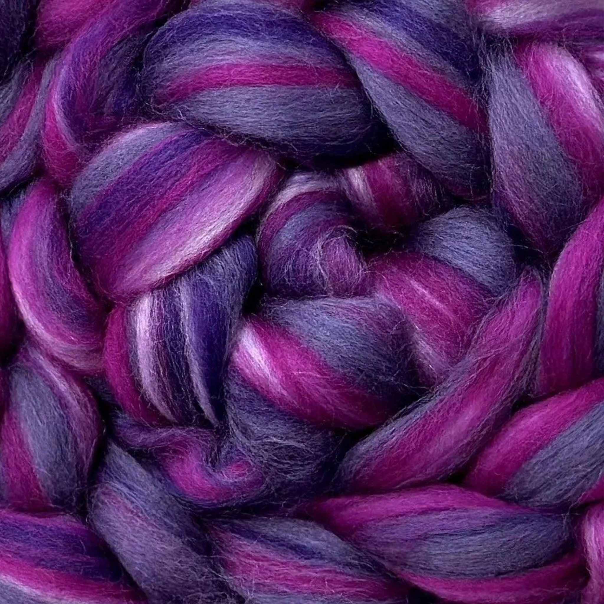 “Heavenly” Luminoso merino wool—plum & magenta braid, soft 23 micron fiber for spinning & weaving