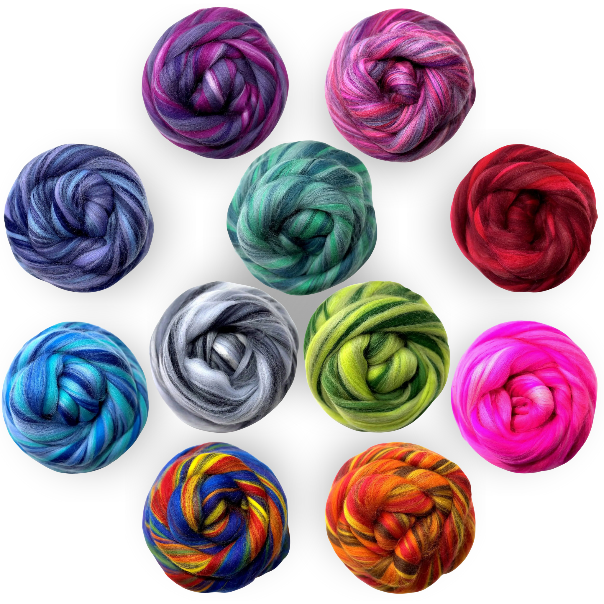 Luminoso merino wool roving pack – 11 multicolor braids arranged in circle for spinning, felting & weaving