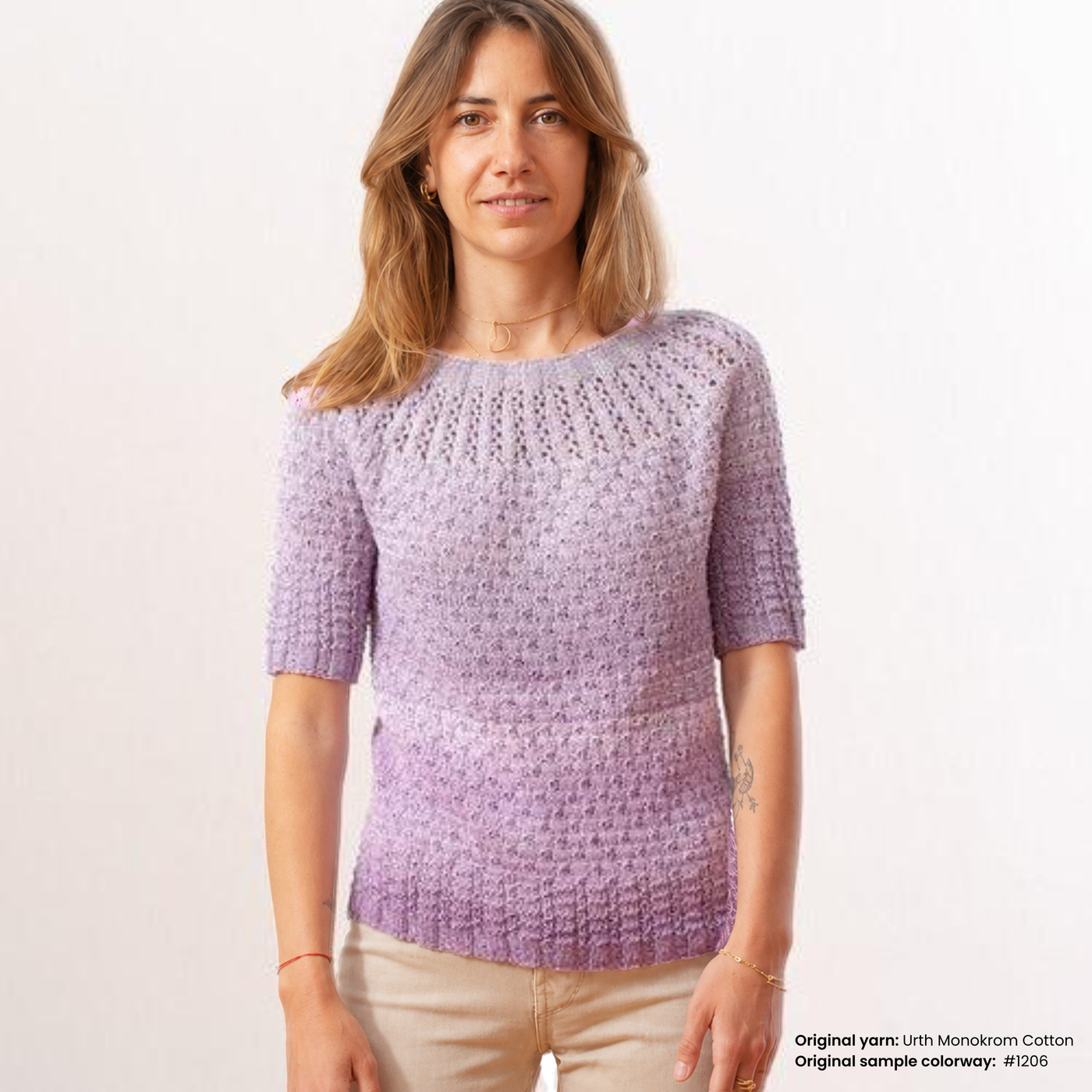 Original Arnavut Textured Tee sample knit in Urth Monokrom Cotton with note about Brown Sheep Cotton Fleece DK as the current Revolution Fibers substitute yarn.