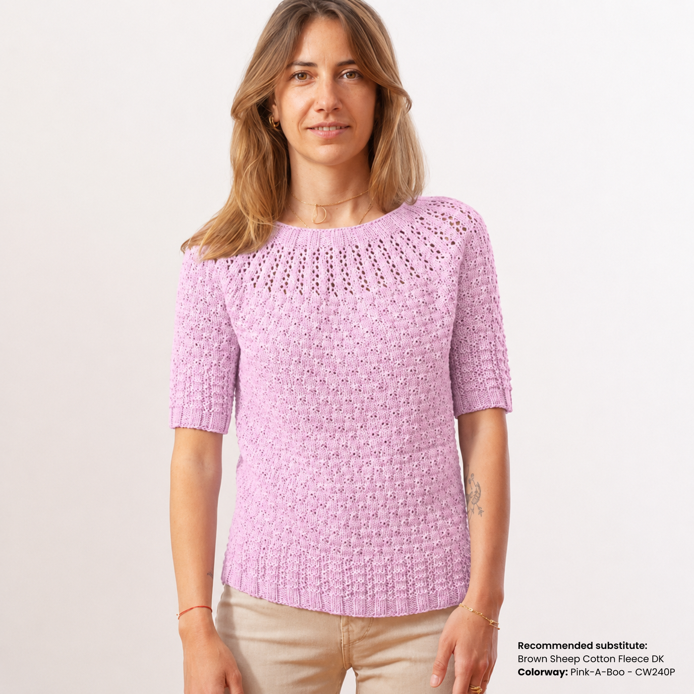 Arnavut Textured Tee knitting pattern shown in a soft pink Brown Sheep Cotton Fleece DK substitute yarn from Revolution Fibers.