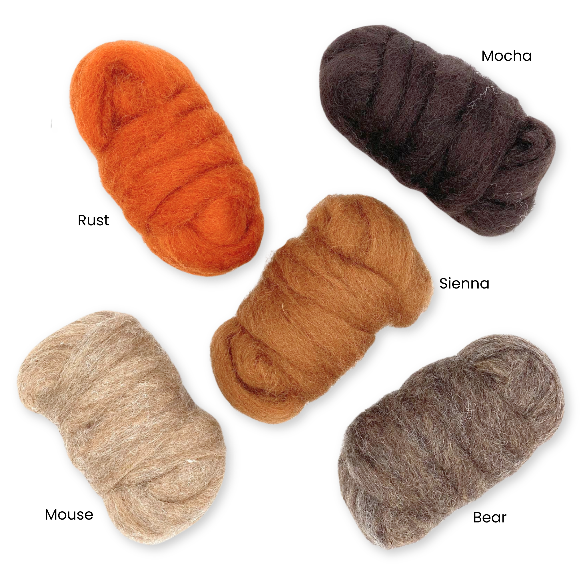 Labeled image of Autumn Harvest Corriedale Wool Sliver colorways from Revolution Fibers: Rust, Mocha, Bear, Mouse, and Sienna for natural fiber art projects.