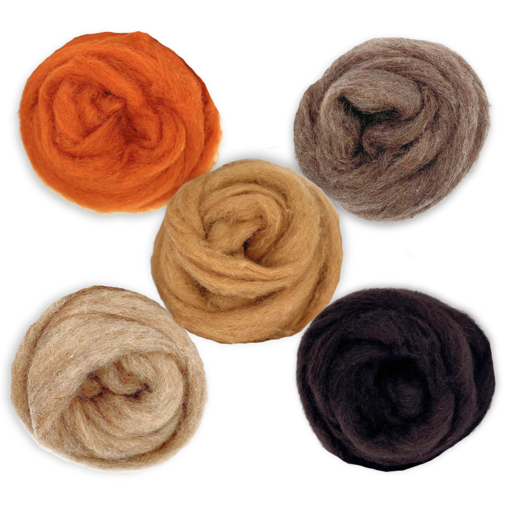 Group of Revolution Fibers Autumn Harvest Carded Corriedale Wool Sliver rolls in Rust, Mocha, Bear, Mouse, and Sienna—perfect for fall-inspired felting, spinning, and weaving.