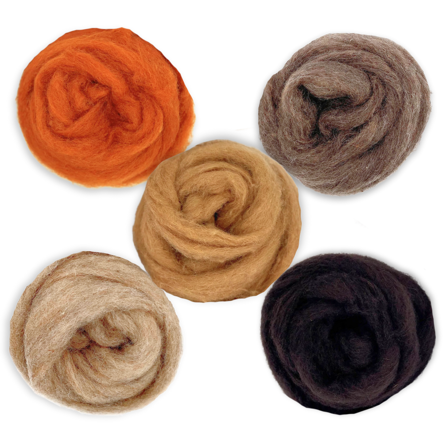 Group of Revolution Fibers Autumn Harvest Carded Corriedale Wool Sliver rolls in Rust, Mocha, Bear, Mouse, and Sienna—perfect for fall-inspired felting, spinning, and weaving.