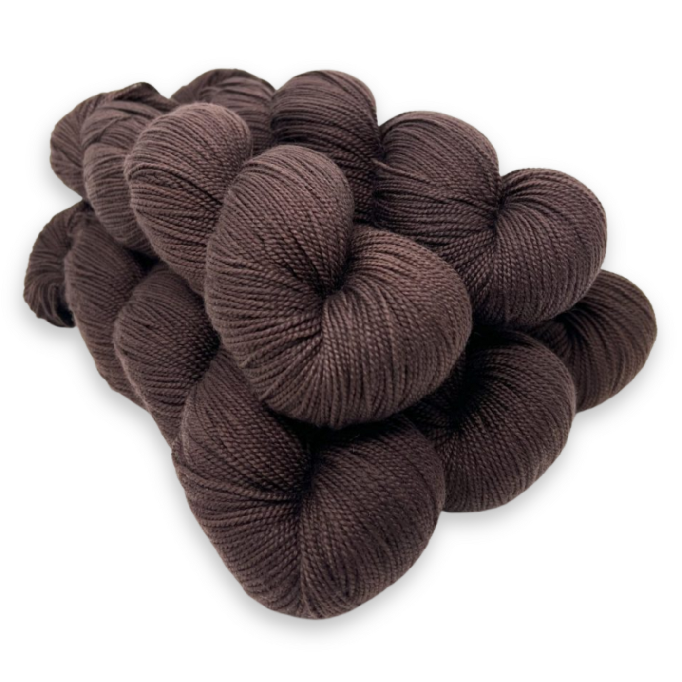 'Oh Fudge' – a rich, chocolate brown hand-dyed colorway of Baah La Jolla Fingering Weight Yarn in 100% superwash merino from Revolution Fibers.
