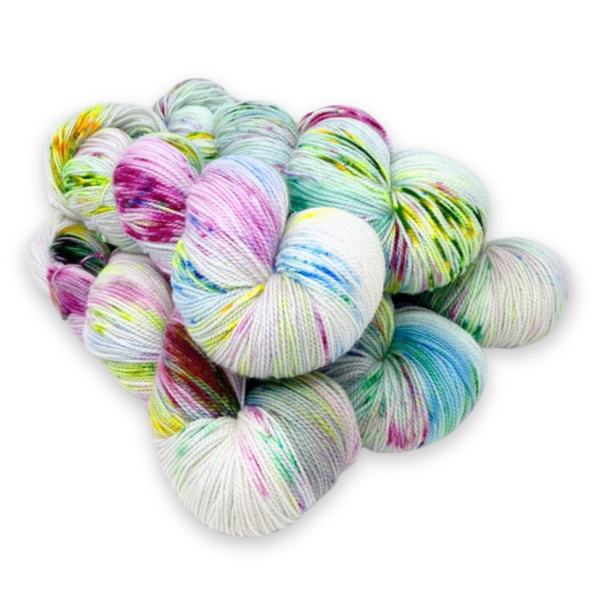 'Birthday Cake' – joyful multicolor speckles on white base in Baah La Jolla hand-dyed superwash merino yarn from Revolution Fibers.