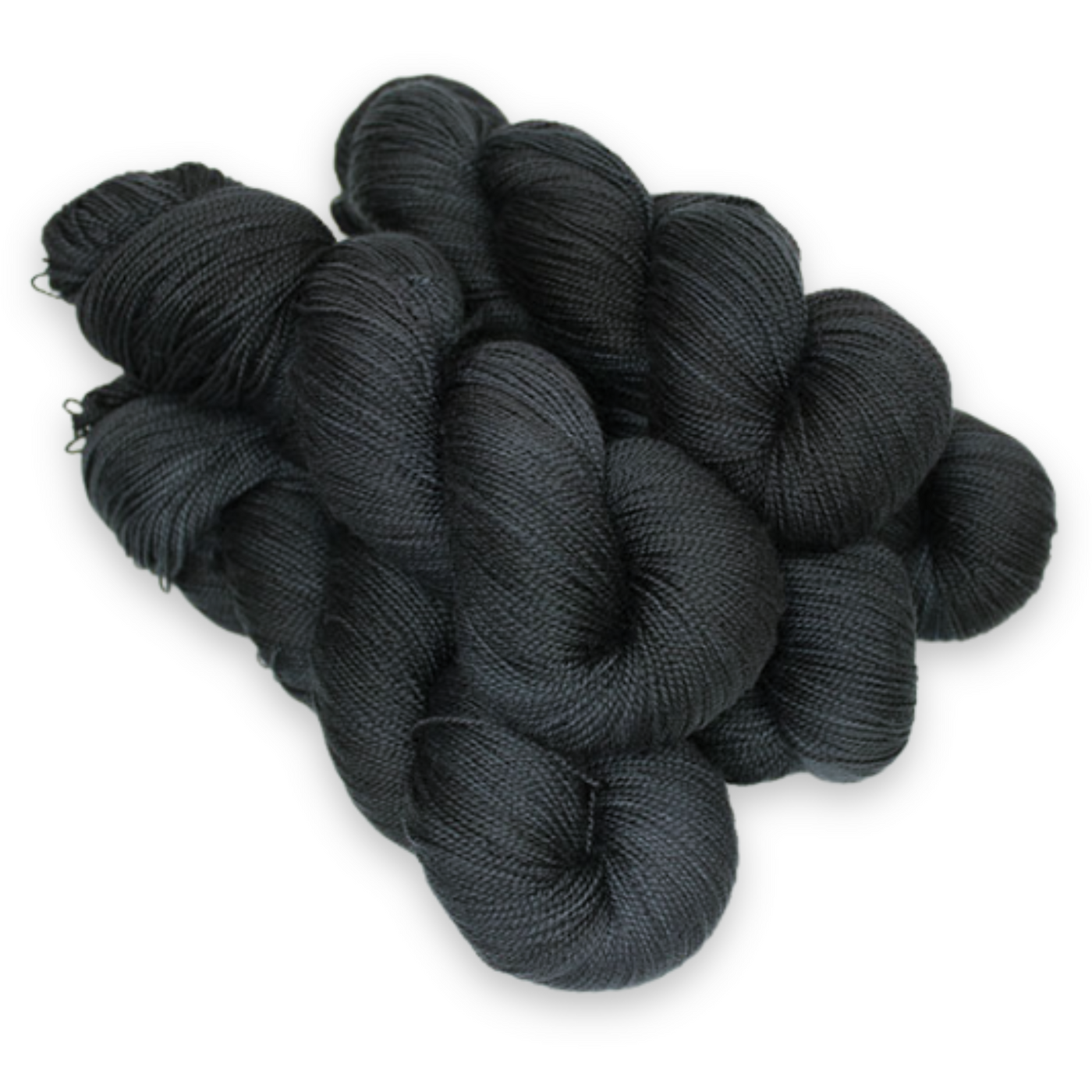 'Black Pearl' – deep charcoal black tones of Baah La Jolla superwash merino wool fingering yarn, hand-dyed by Revolution Fibers.