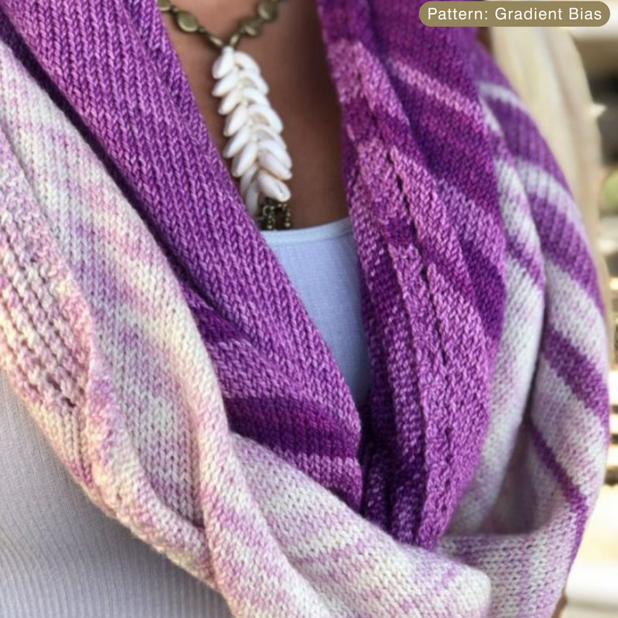 Revolution Fibers Baah La Jolla Fingering Weight Hand-Dyed Superwash Merino Yarn – La jolla yarn scarf pattern Gradient Bias  in variegated purple and pink