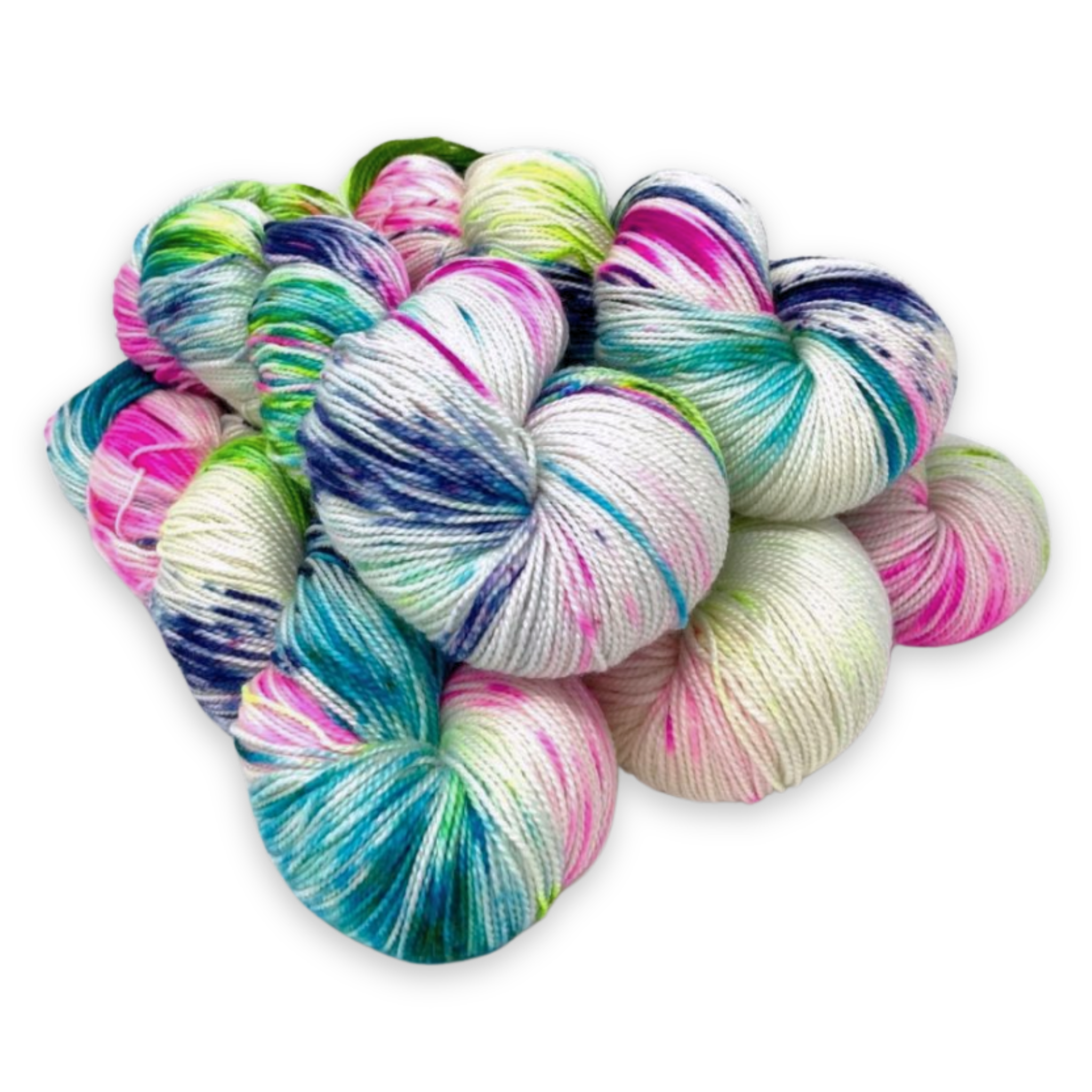 'Mama Mia' – bold pink, teal, and purple speckles in Revolution Fibers Baah La Jolla Fingering Weight Yarn, hand-dyed in superwash merino.