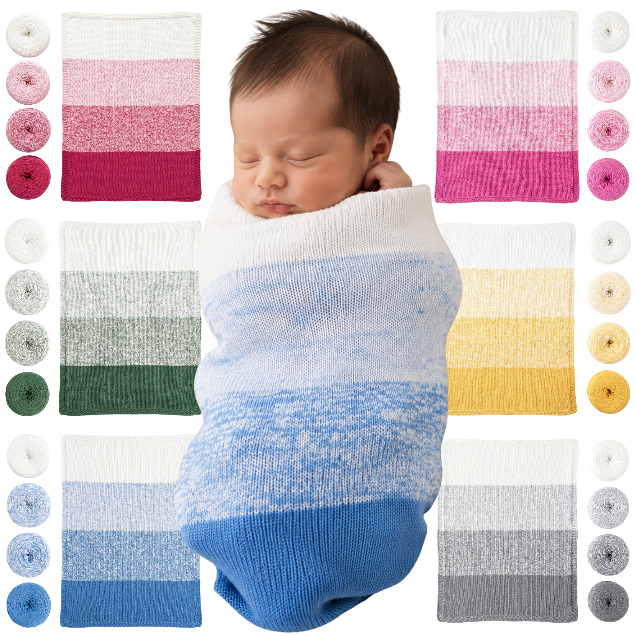 Revolution Fibers Baby Bloom Gradient Baby Blanket Kit colorways with yarn cakes, knit blankets, and newborn examples.