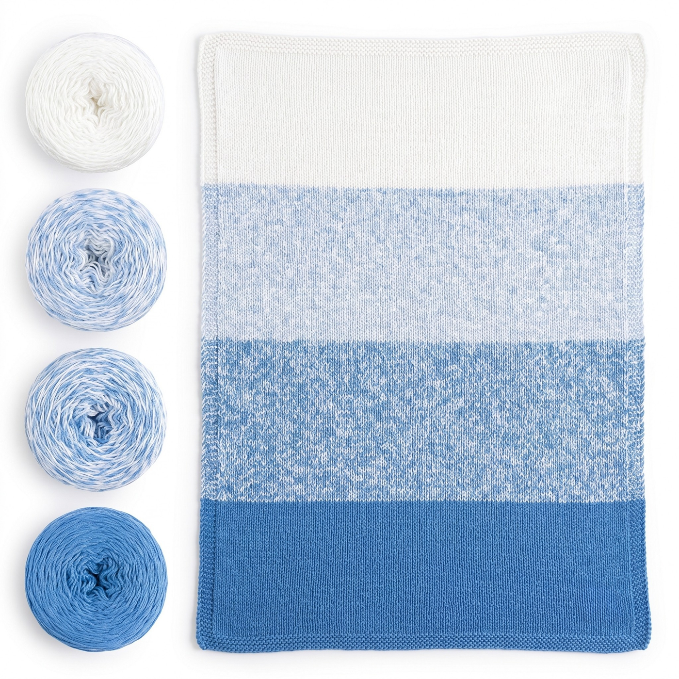 Revolution Fibers Baby Bloom Heron Lake baby blanket kit with matching blue yarn cakes and finished knit blanket.