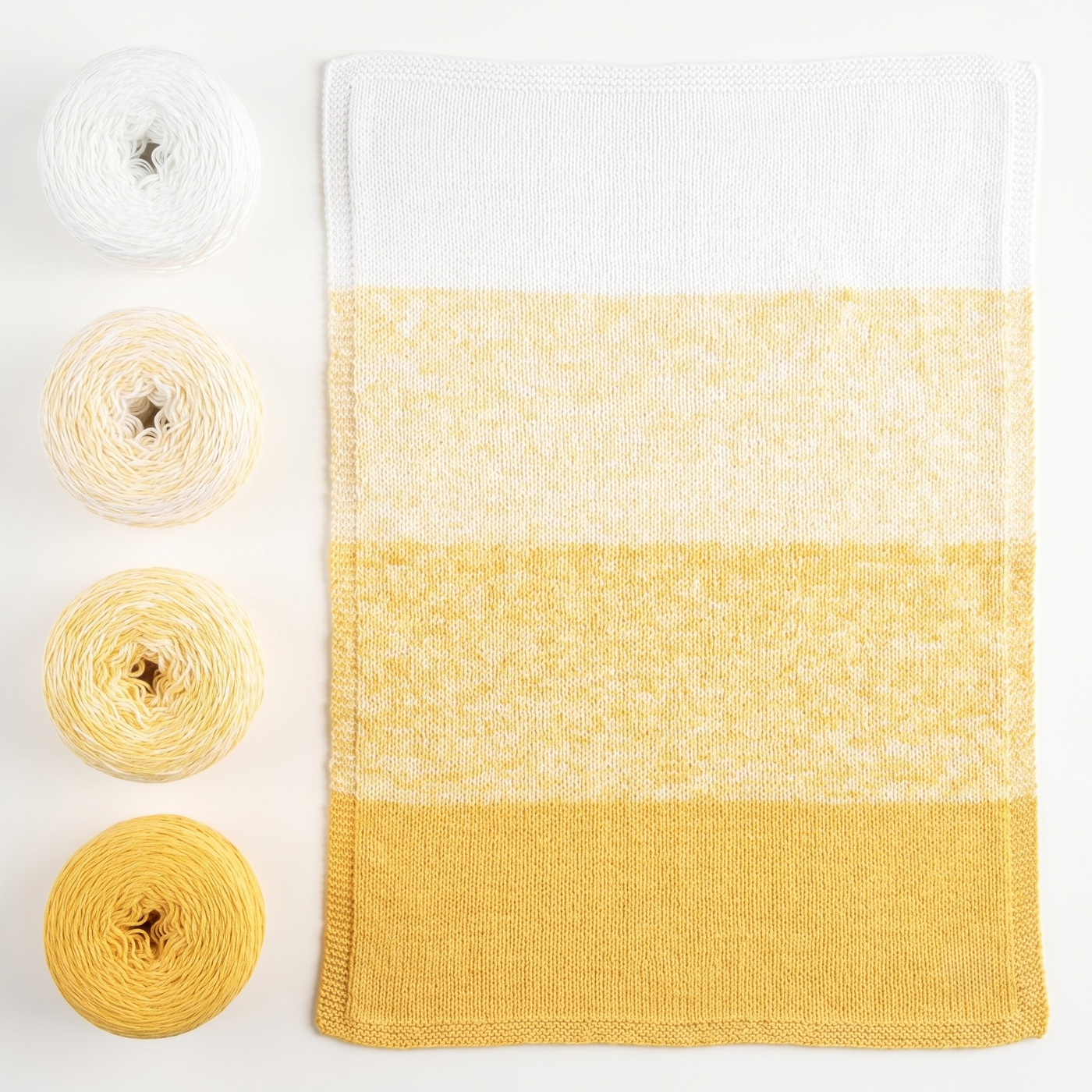 Revolution Fibers Baby Bloom Honey Bees baby blanket kit with matching yellow yarn cakes and finished knit blanket.