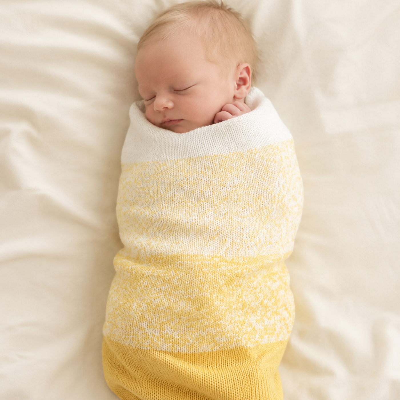 Revolution Fibers Baby Bloom Gradient Baby Blanket Kit in Honey Bees wrapped around a sleeping newborn baby.