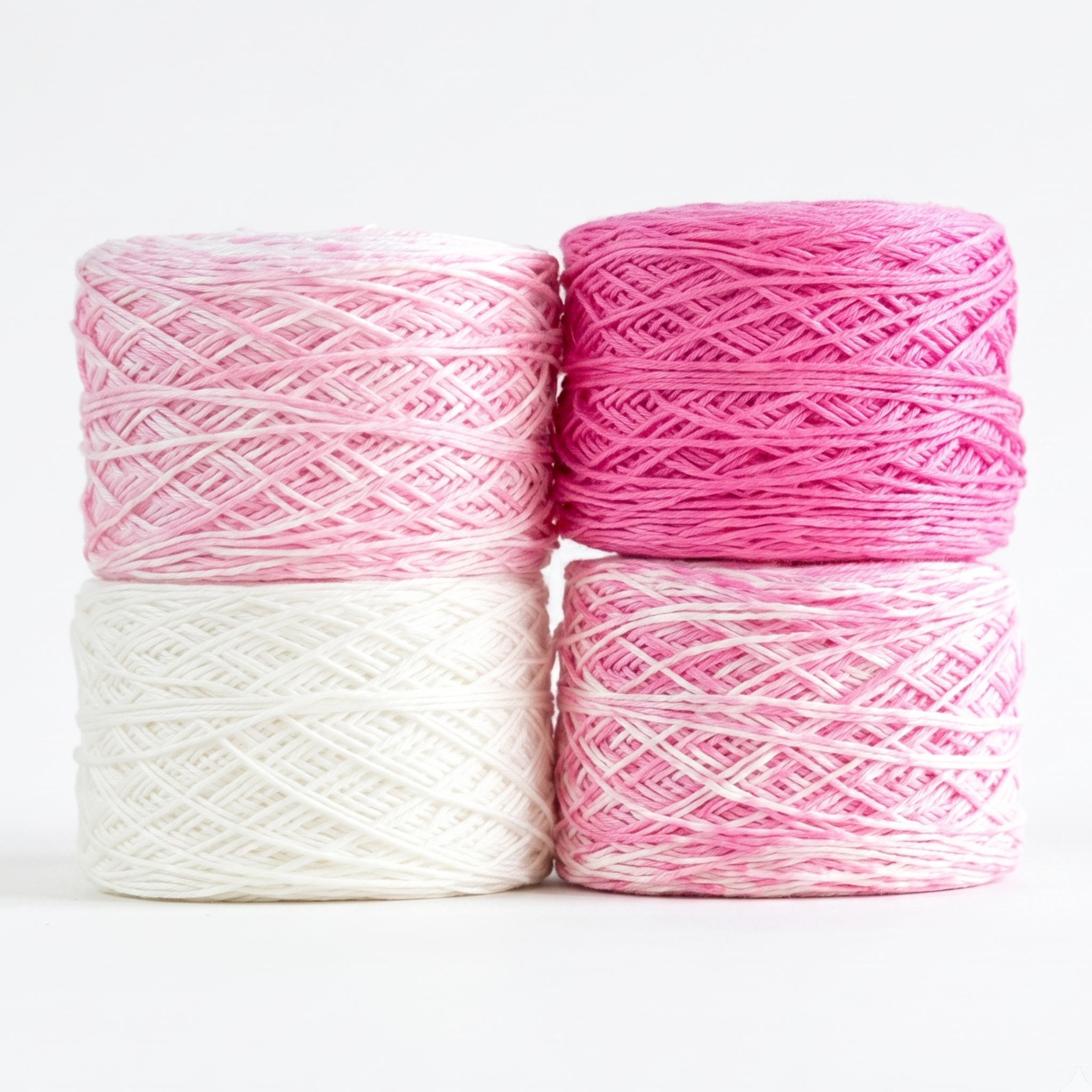 Revolution Fibers Baby Bloom Gradient Baby Blanket Kit Pink Flamingo yarn cakes in white, pink speckle, and bright pink.