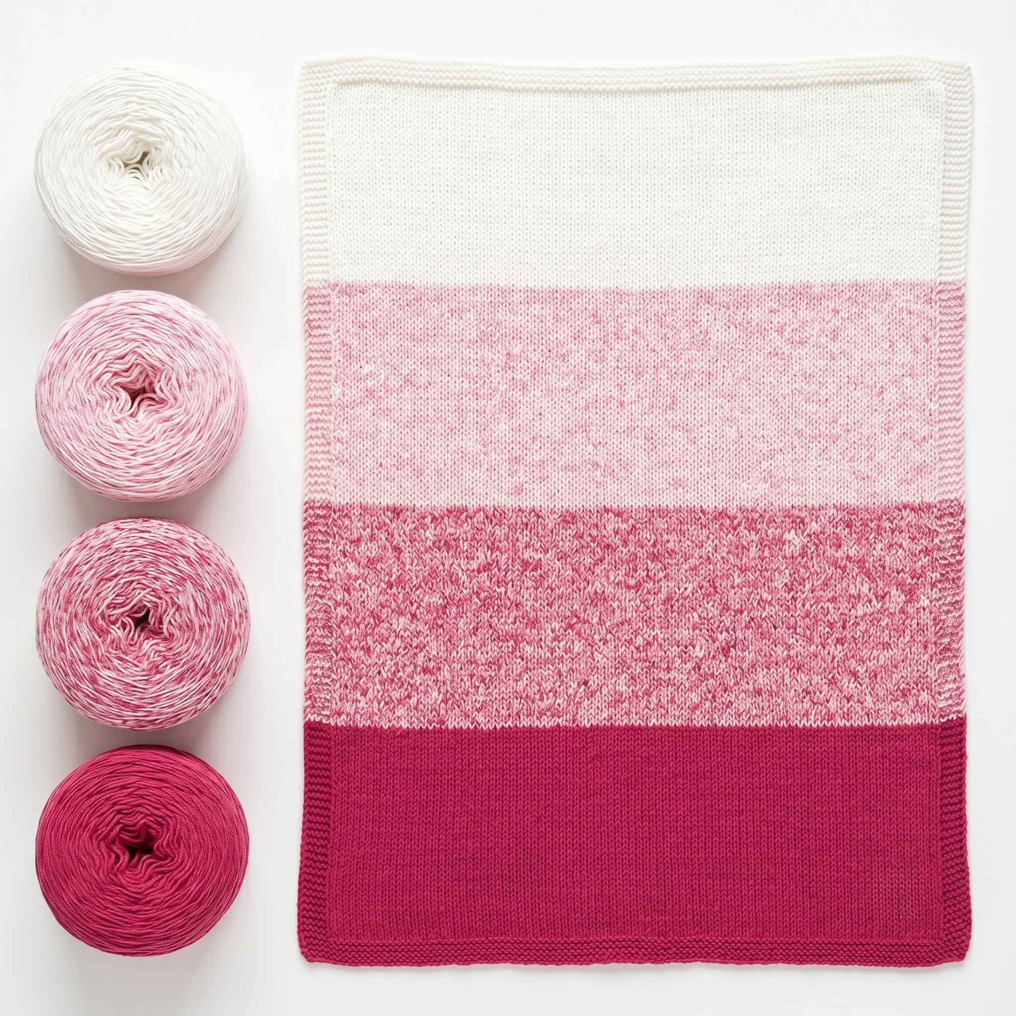 Revolution Fibers Baby Bloom Rose Dust baby blanket kit with matching yarn cakes and finished knit blanket.