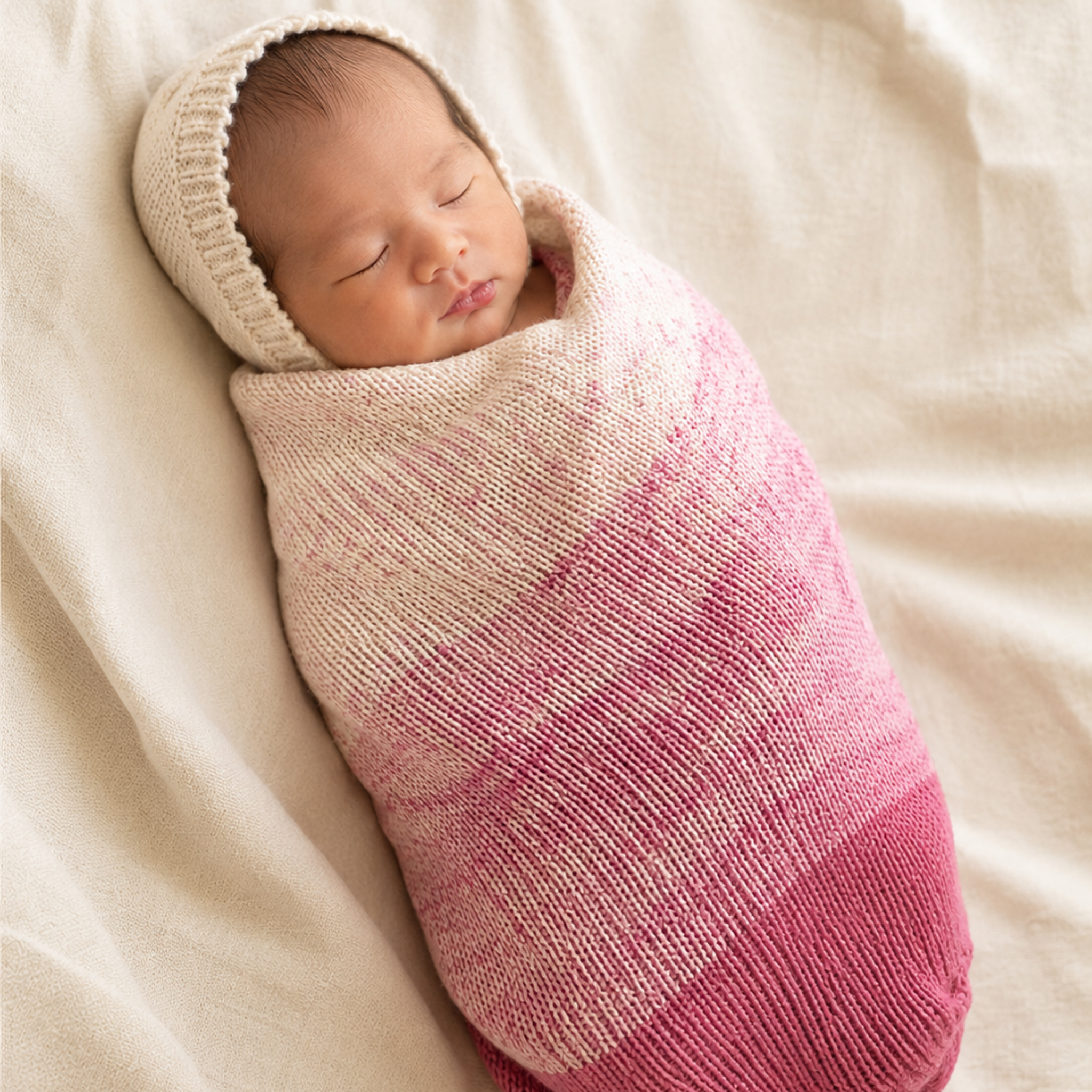 Revolution Fibers Baby Bloom Gradient Baby Blanket Kit in Rose Dust wrapped around a sleeping newborn baby.