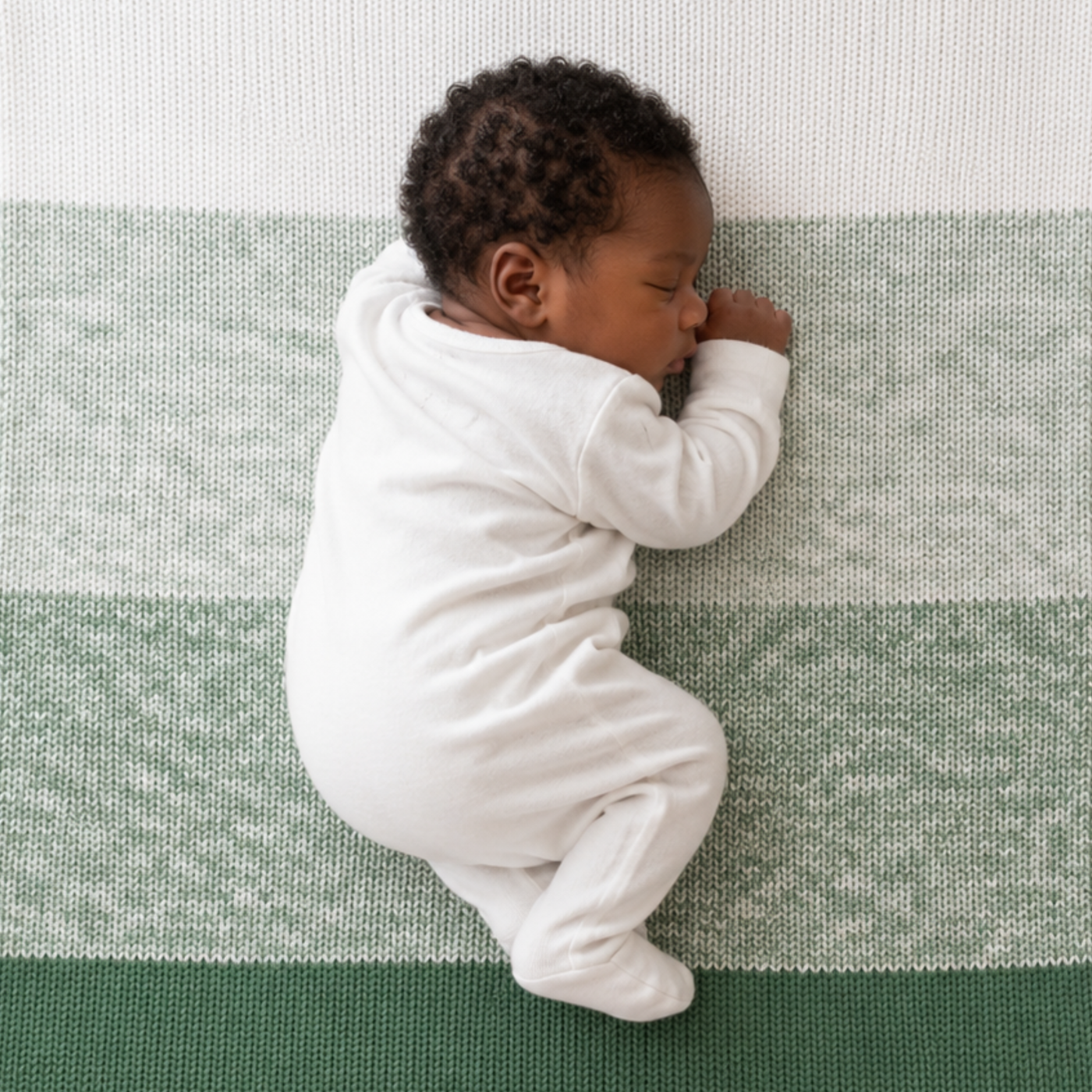 Revolution Fibers Baby Bloom Gradient Baby Blanket Kit in Spring Leaf shown with a sleeping newborn baby.