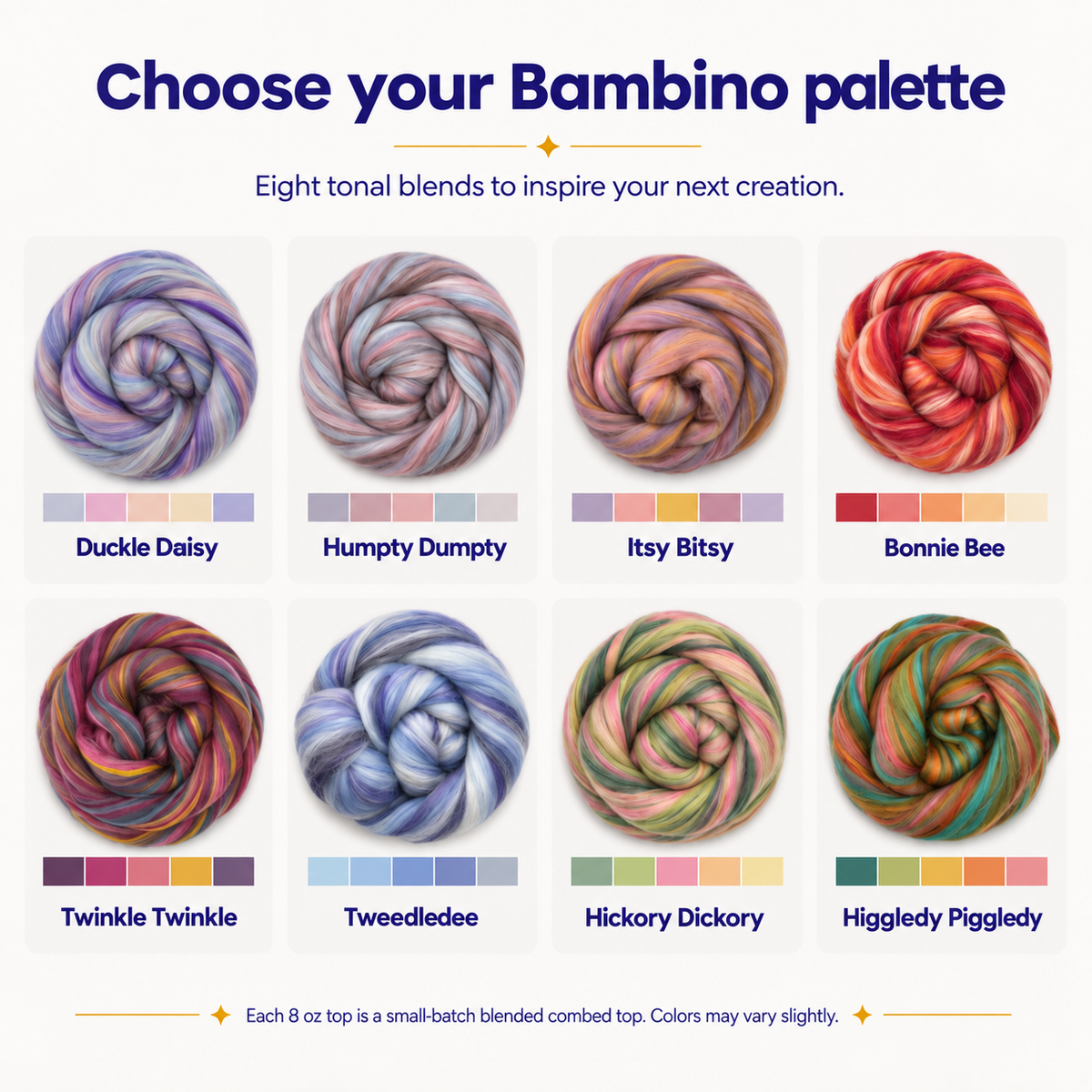 Revolution Fibers Bambino Range Roving palette showing all eight colorways: Duckle Daisy, Humpty Dumpty, Itsy Bitsy, Bonnie Bee, Twinkle Twinkle, Tweedledee, Hickory Dickory and Higgledy Piggledy.