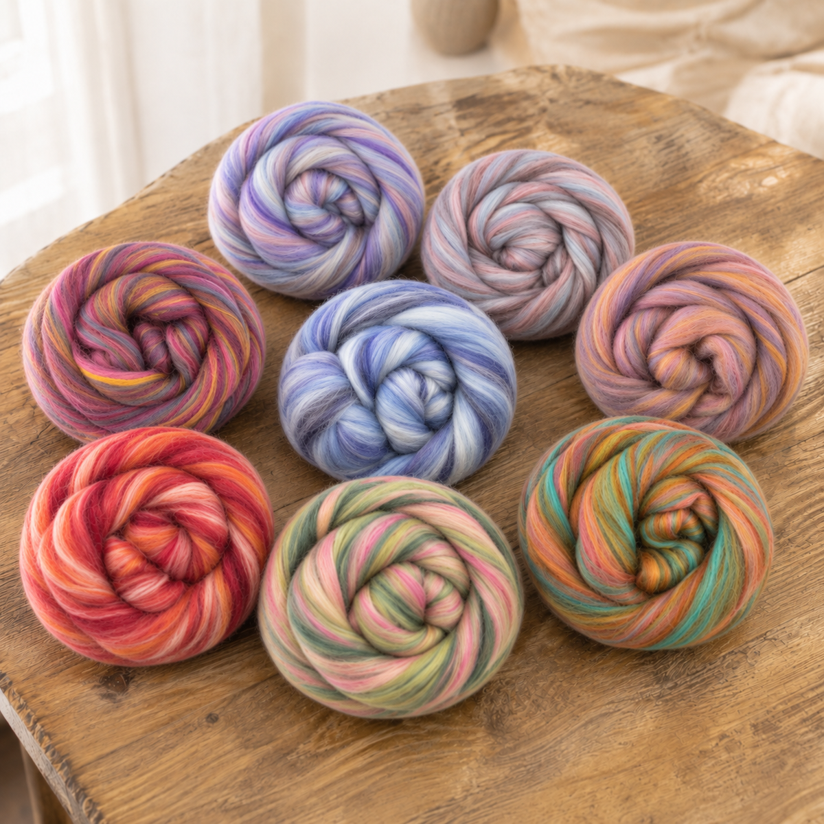 Tweedledee, Humpty Dumpty and Hickory Dickory colorways of Revolution Fibers Bambino Range Roving arranged together on a sunlit wooden worktable.
