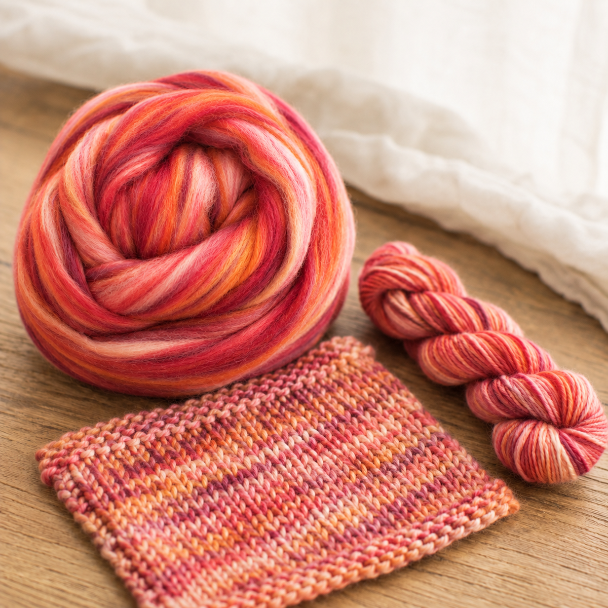 Bonnie Bee Revolution Fibers Bambino Range Roving shown with coordinating handspun yarn and a knitted swatch in warm red, coral, peach and orange tones.
