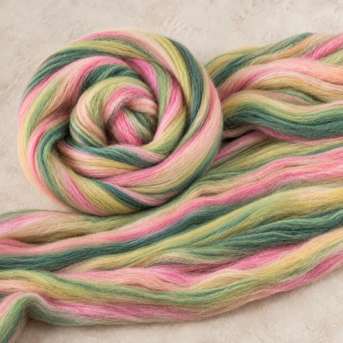 Close-up of Revolution Fibers Bambino Range Roving in Hickory Dickory, revealing softly blended green, pink, peach, cream and yellow strands.