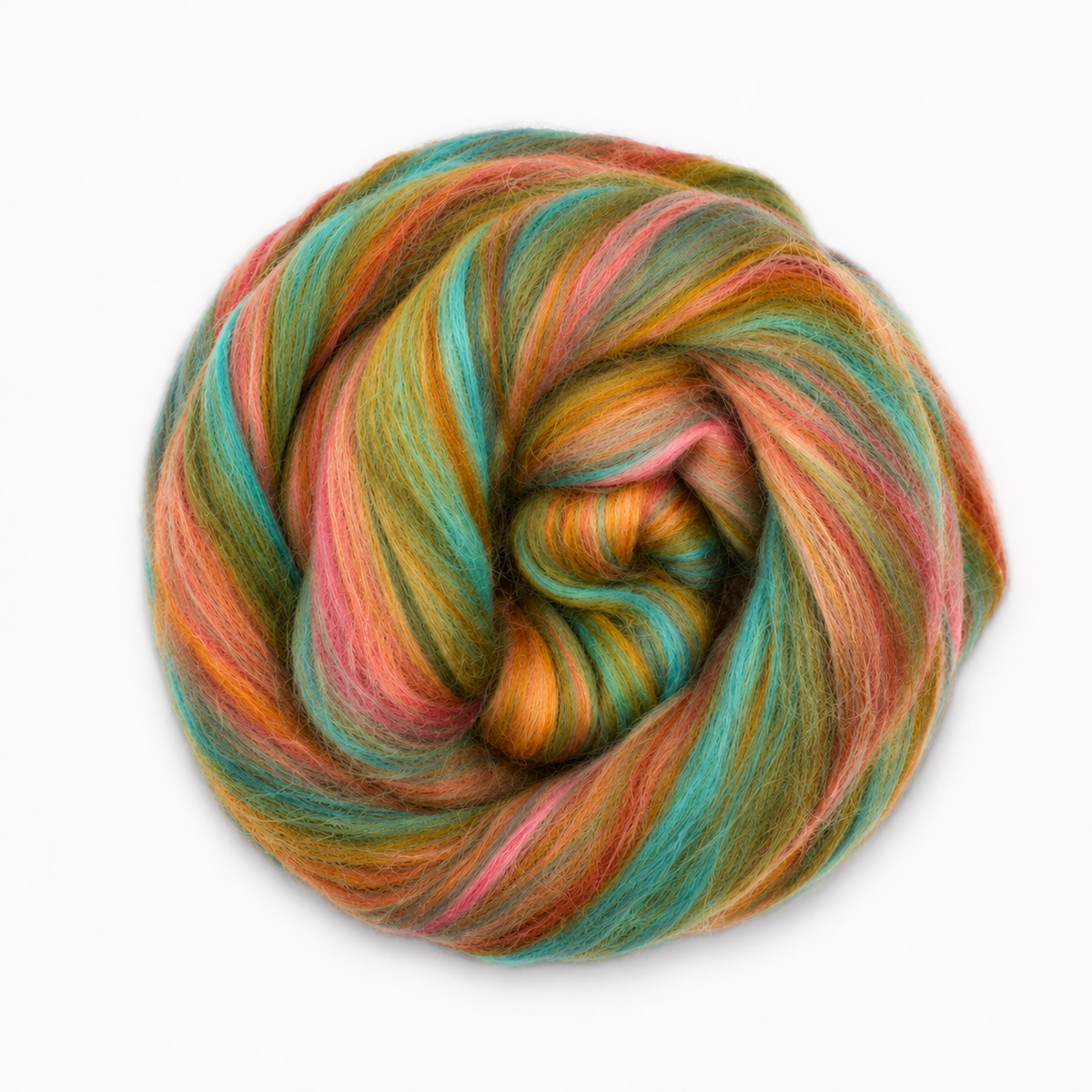 Higgledy Piggledy Bambino Range Roving by Revolution Fibers showcases teal, warm coral, orange, olive and golden tones in the prepared fiber blend.