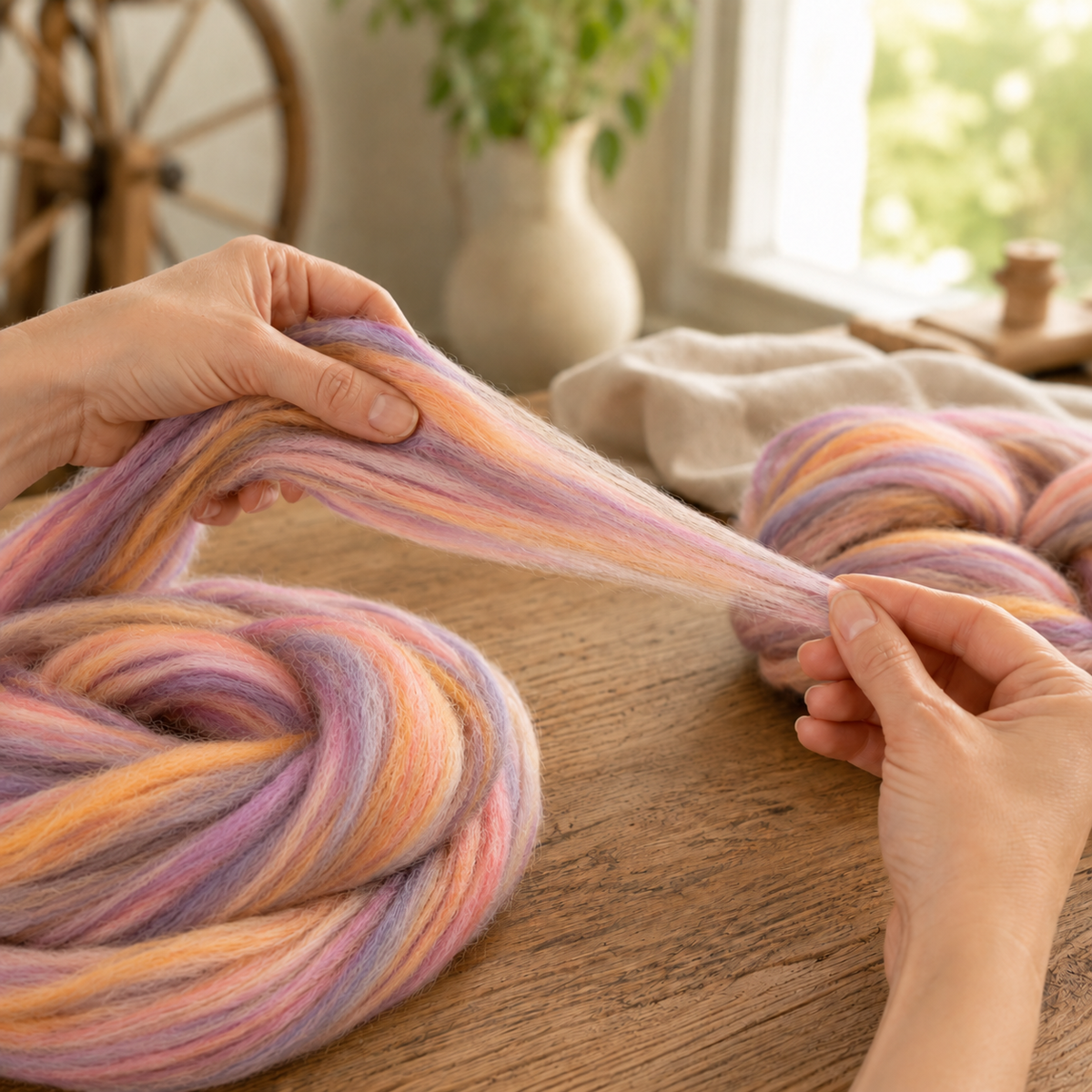 A maker gently drafts the Itsy Bitsy colorway of Revolution Fibers Bambino Range Roving across a wooden fiber-arts worktable.