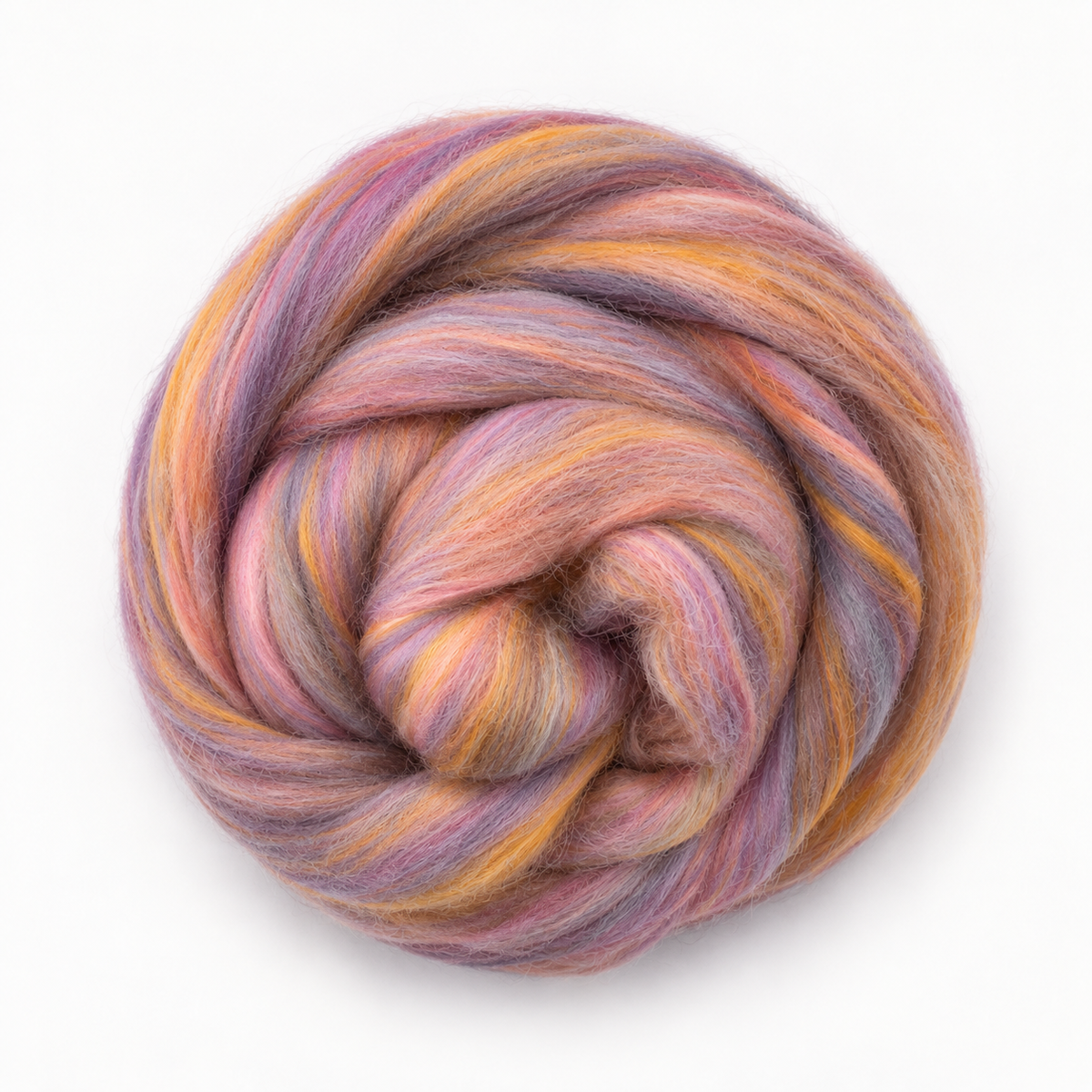 Peach, lavender, muted coral and golden accents flow through the Itsy Bitsy shade of Revolution Fibers Bambino Range Roving.