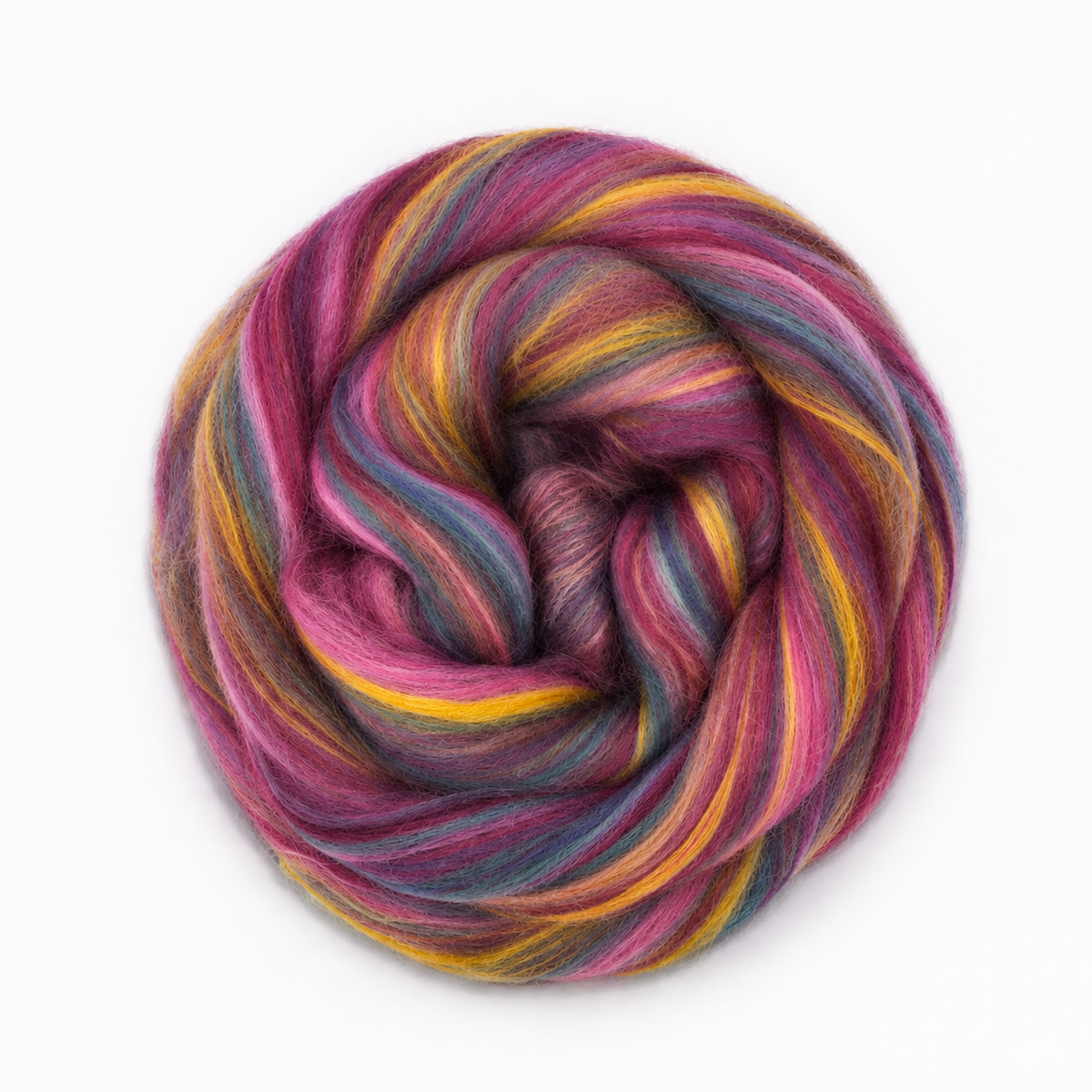 Twinkle Twinkle Revolution Fibers Bambino Range Roving combines deep berry, magenta, slate blue and golden yellow in a vivid tonal blend.