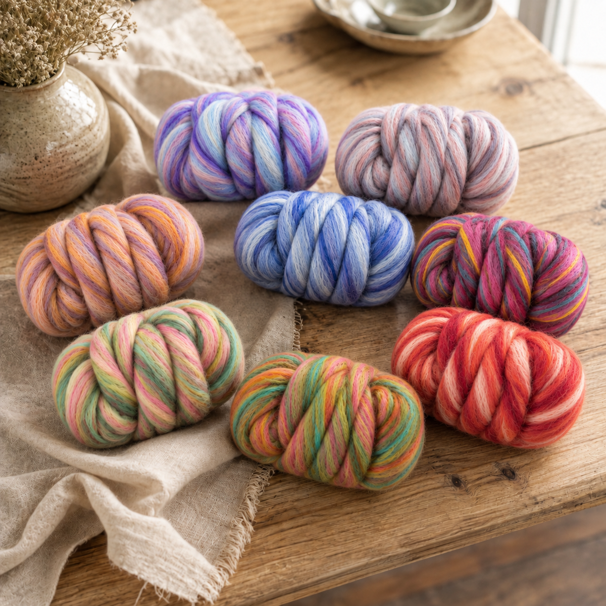Eight colorways of the Revolution Fibers Bambino Variety Pack arranged on a warm wooden table, showing the full assortment of Merino wool and bamboo fiber blends.