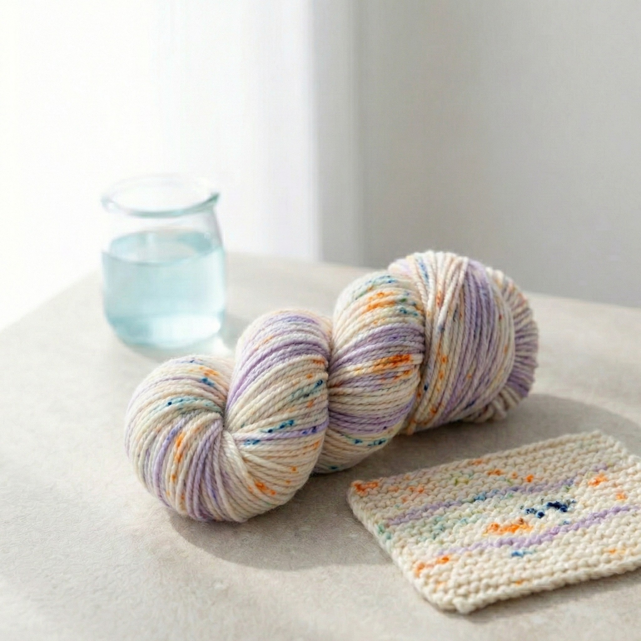 Pastel multicolor BFL worsted yarn skeins styled with a colorwork swatch, showing a finished look in soft natural windowlight.