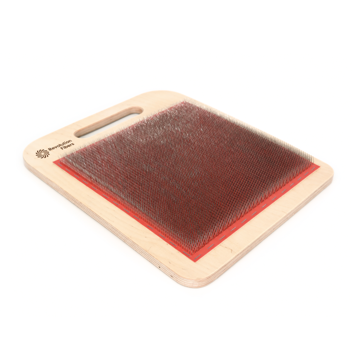 Angled view of the Revolution Fibers 108 TPI Blending Board with red carding cloth and wooden frame.