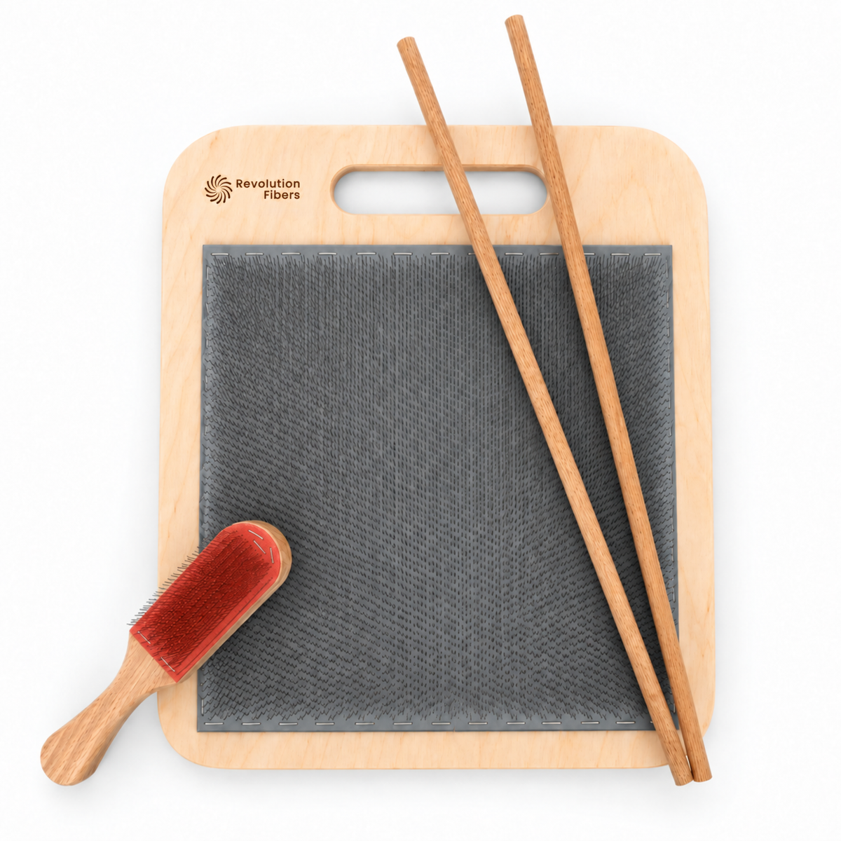 Revolution Fibers 72 TPI Blending Board with grey carding cloth, blending brush, and two rolag rollers.
