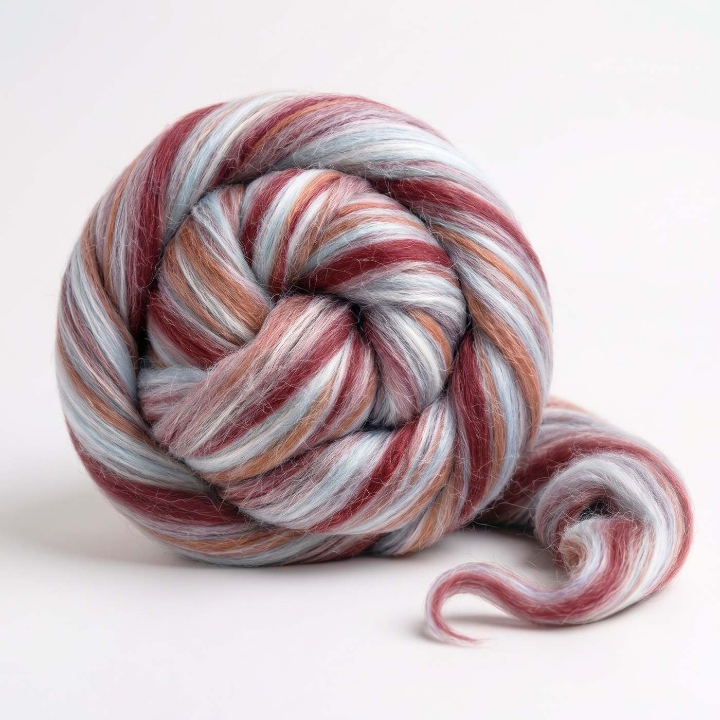 Centaurus Constellation Range roving, 8 oz 70% dyed merino and 30% tussah silk (21 micron), studio swirl on white background.