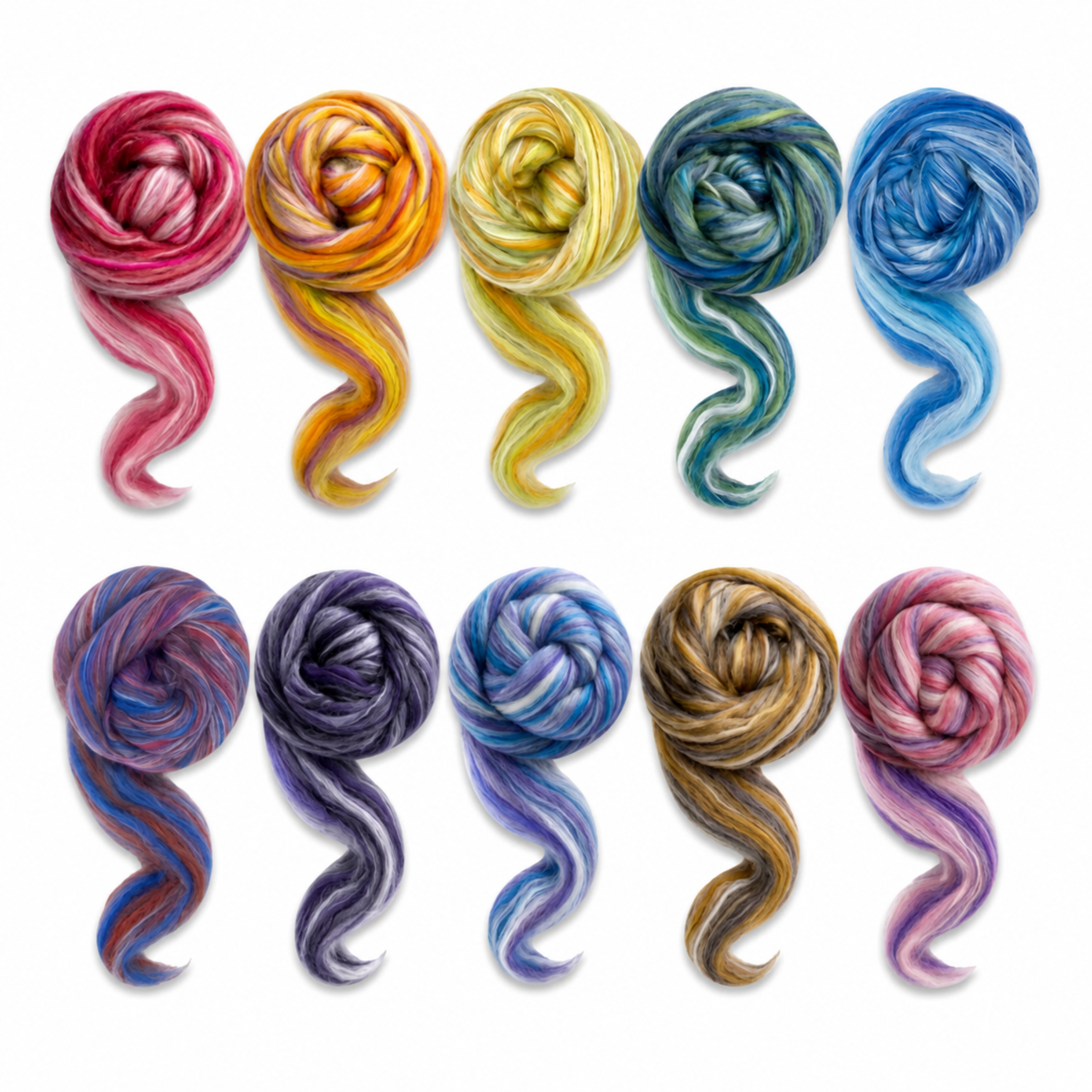 All Constellation Range roving colorways, 8 oz 70% dyed merino and 30% tussah silk (21 micron), studio lineup on white.