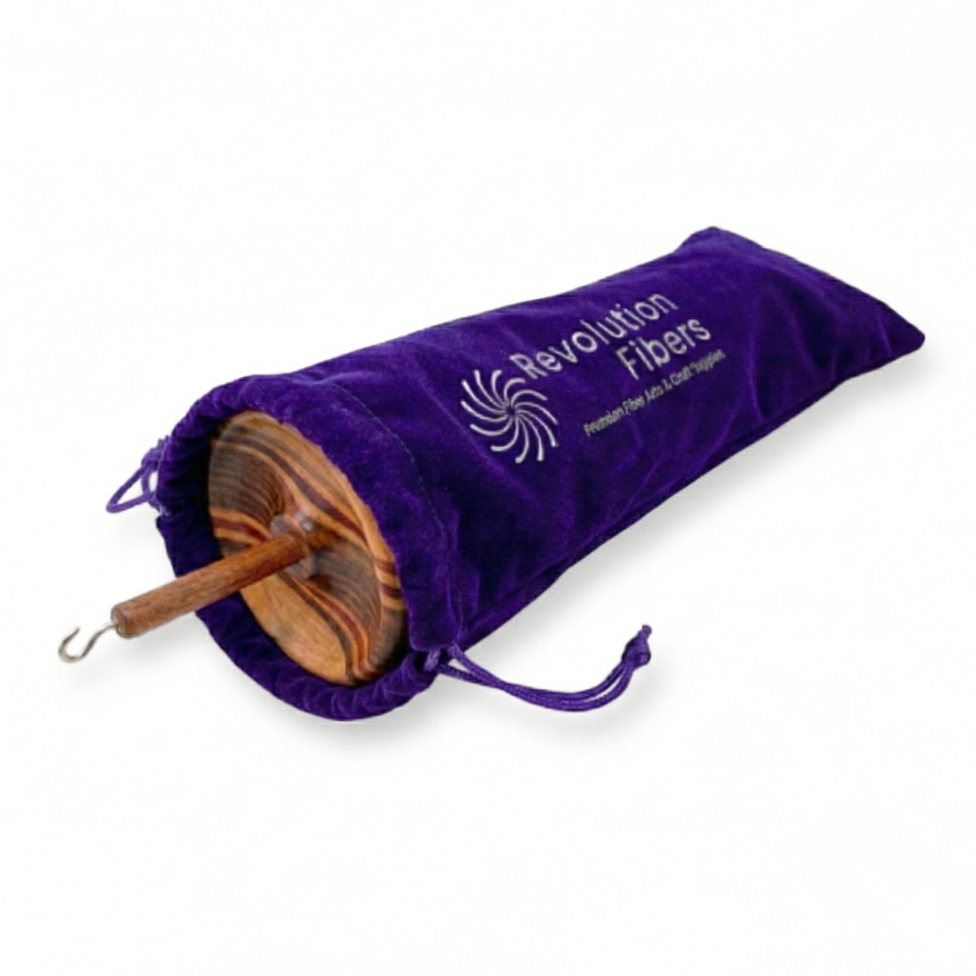 Purple Revolution Fibers velvet drawstring carrying case with the top whorl drop spindle partially inside for storage and travel, white background