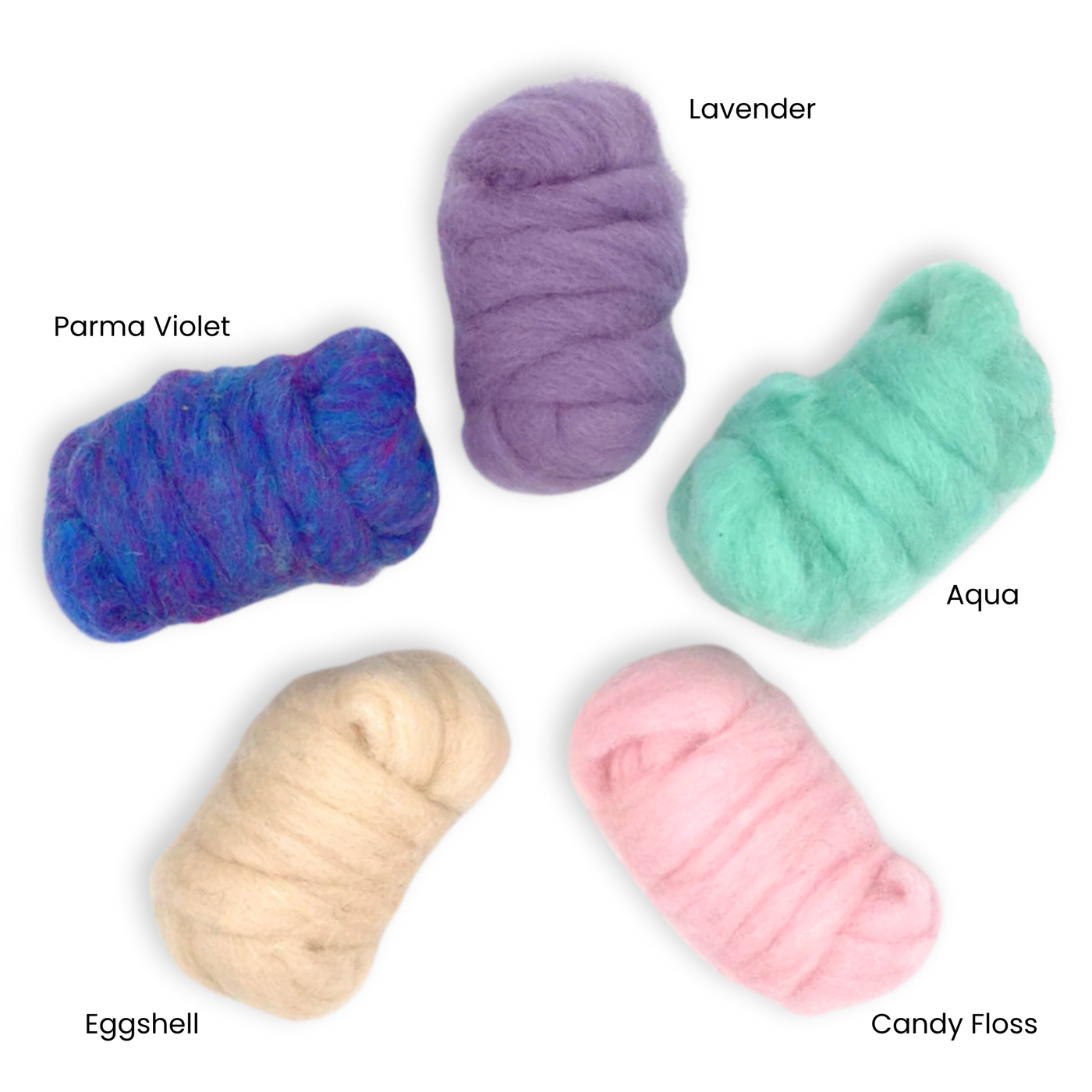 Fairytale Pastels Carded Corriedale Wool Sliver Variety Pack by Revolution Fibers – labeled image showing Parma Violet, Lavender, Aqua, Eggshell, and Candy Floss.