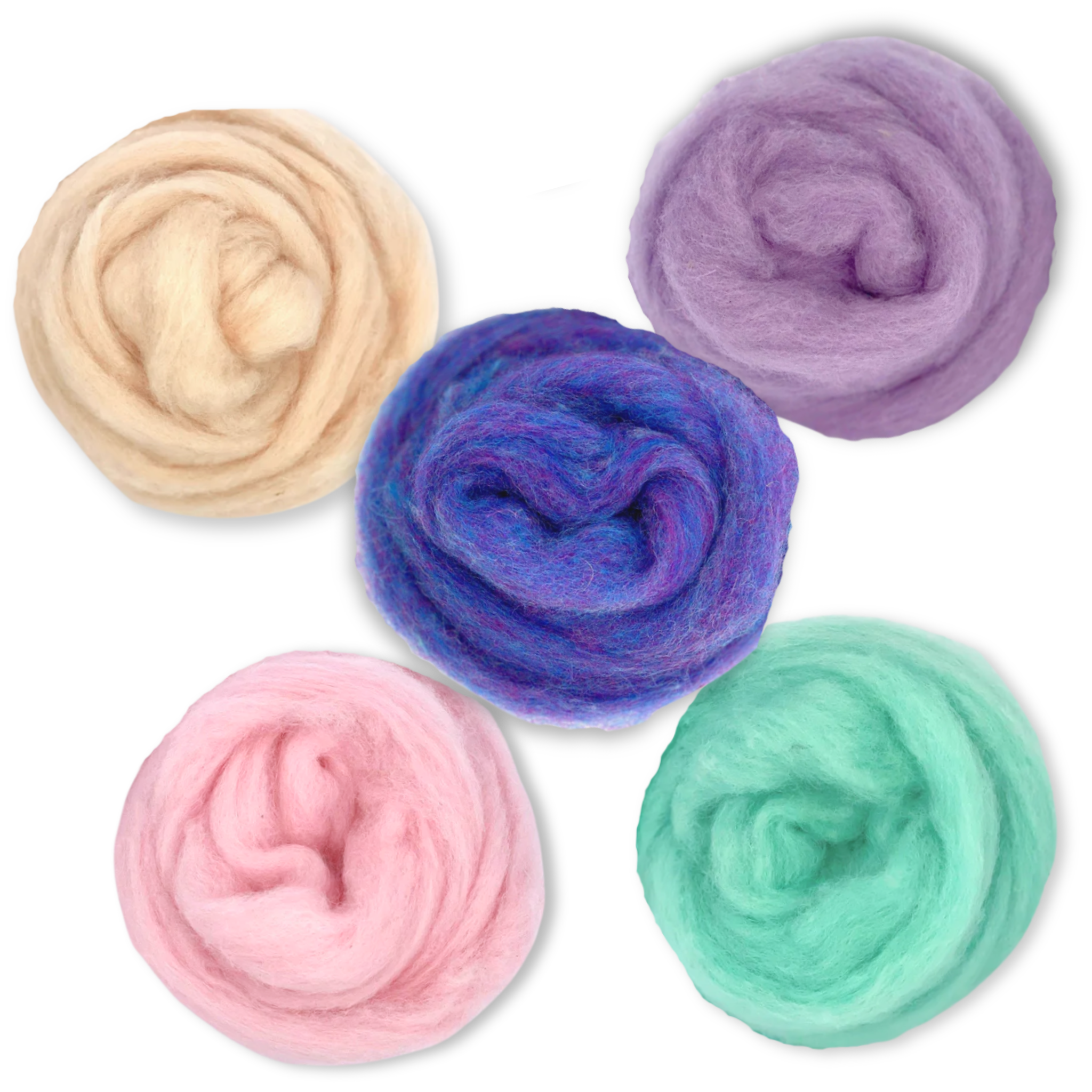 Group image of Revolution Fibers Fairytale Pastels Carded Corriedale Wool Sliver Variety Pack, featuring all five pastel colorways for felting, spinning, and weaving.