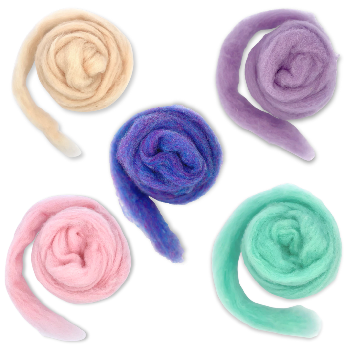 All five colorways of Revolution Fibers Fairytale Pastels Carded Corriedale Wool Sliver Variety Pack, displayed with ends unrolled to show texture.