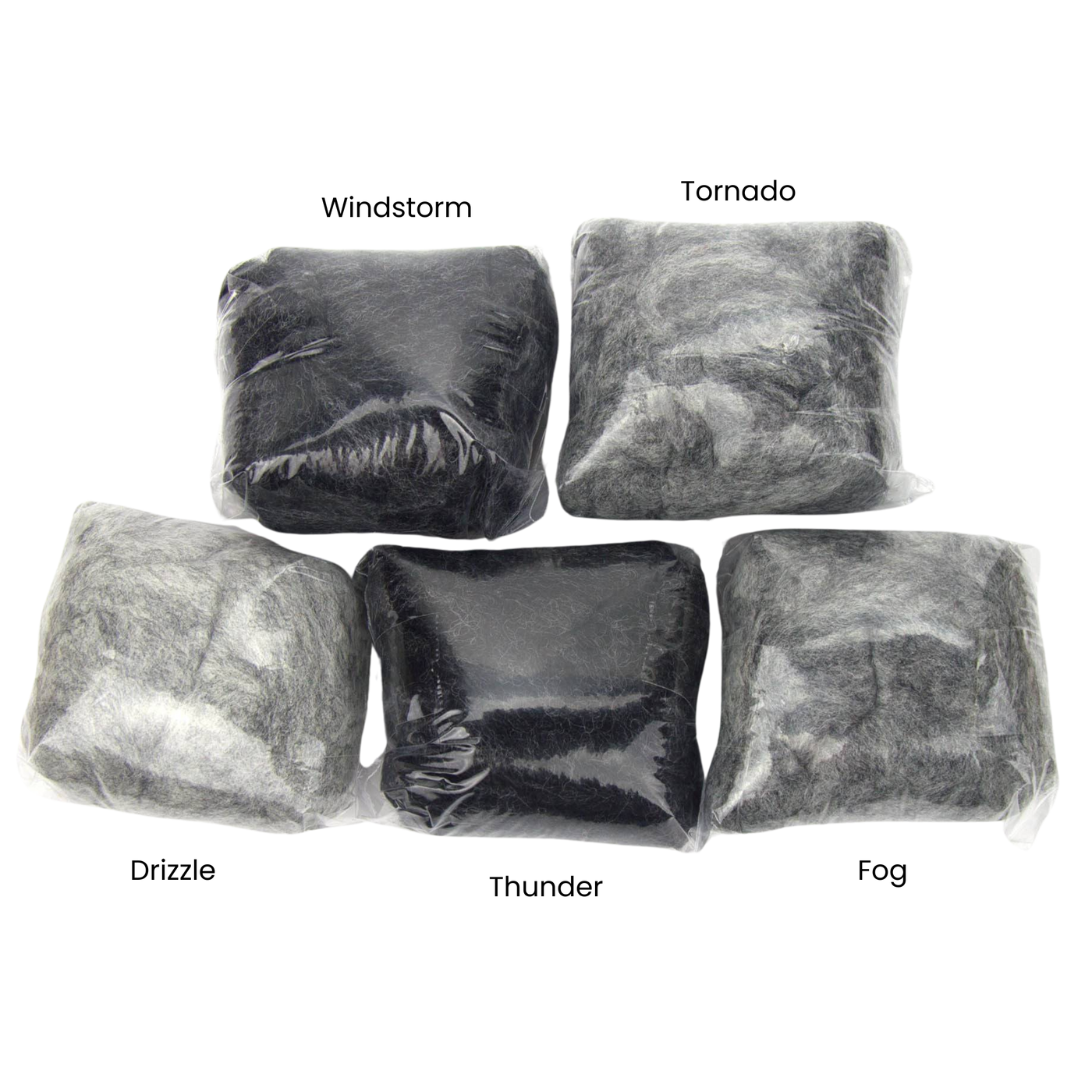 Plastic-wrapped rolls of Revolution Fibers Grey Spectrum Carded Corriedale Wool Sliver Variety Pack, showing all five gray wool felting and spinning fiber colors—Windstorm, Tornado, Drizzle, Thunder, and Fog—for needle felting, wet felting, and weaving.