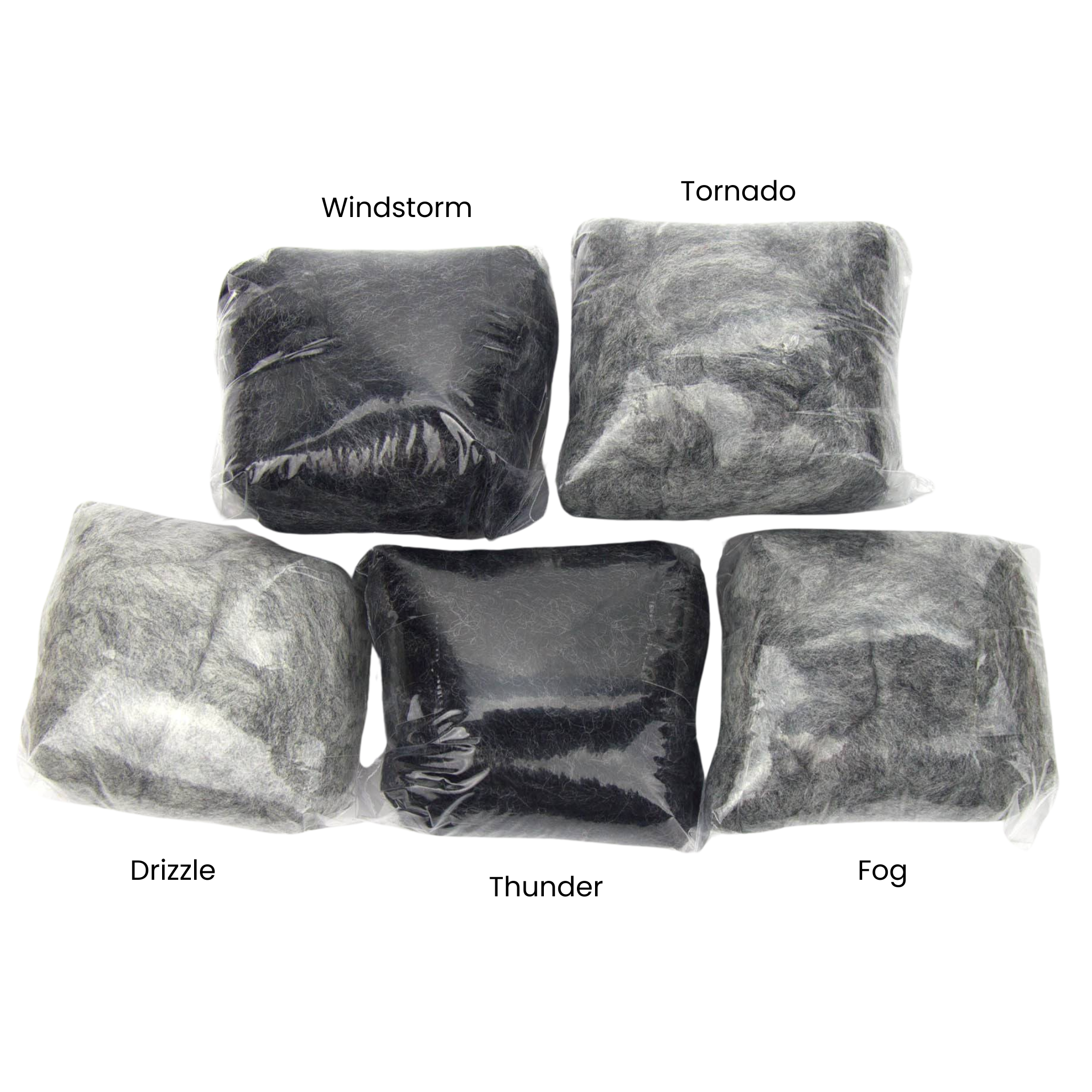 Plastic-wrapped rolls of Revolution Fibers Grey Spectrum Carded Corriedale Wool Sliver Variety Pack, showing all five gray wool felting and spinning fiber colors—Windstorm, Tornado, Drizzle, Thunder, and Fog—for needle felting, wet felting, and weaving.