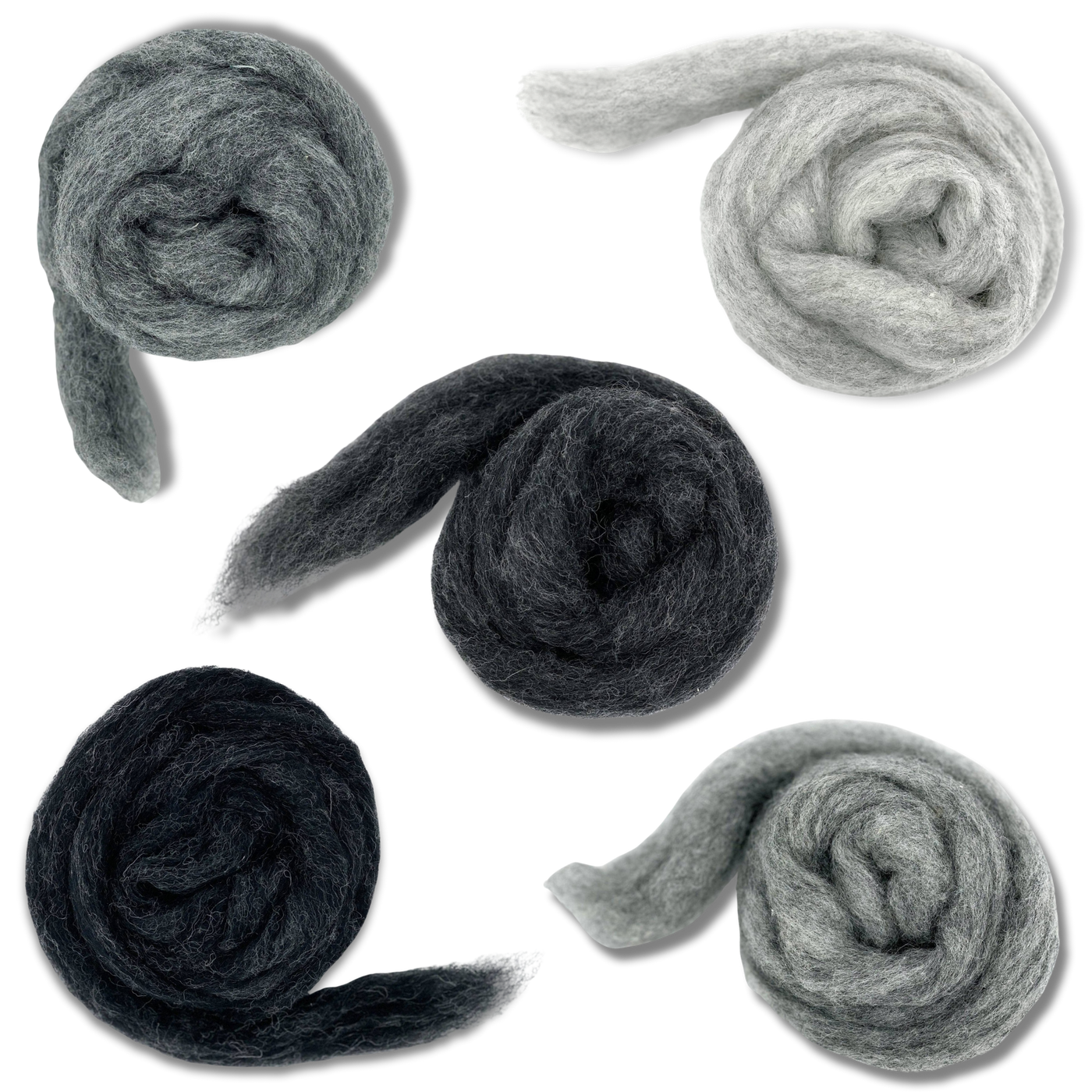 Revolution Fibers Grey Spectrum Carded Corriedale Wool Sliver Variety Pack with ends of five cool-tone gray wool slivers, ideal for felting, spinning, weaving, and animal portrait crafts.