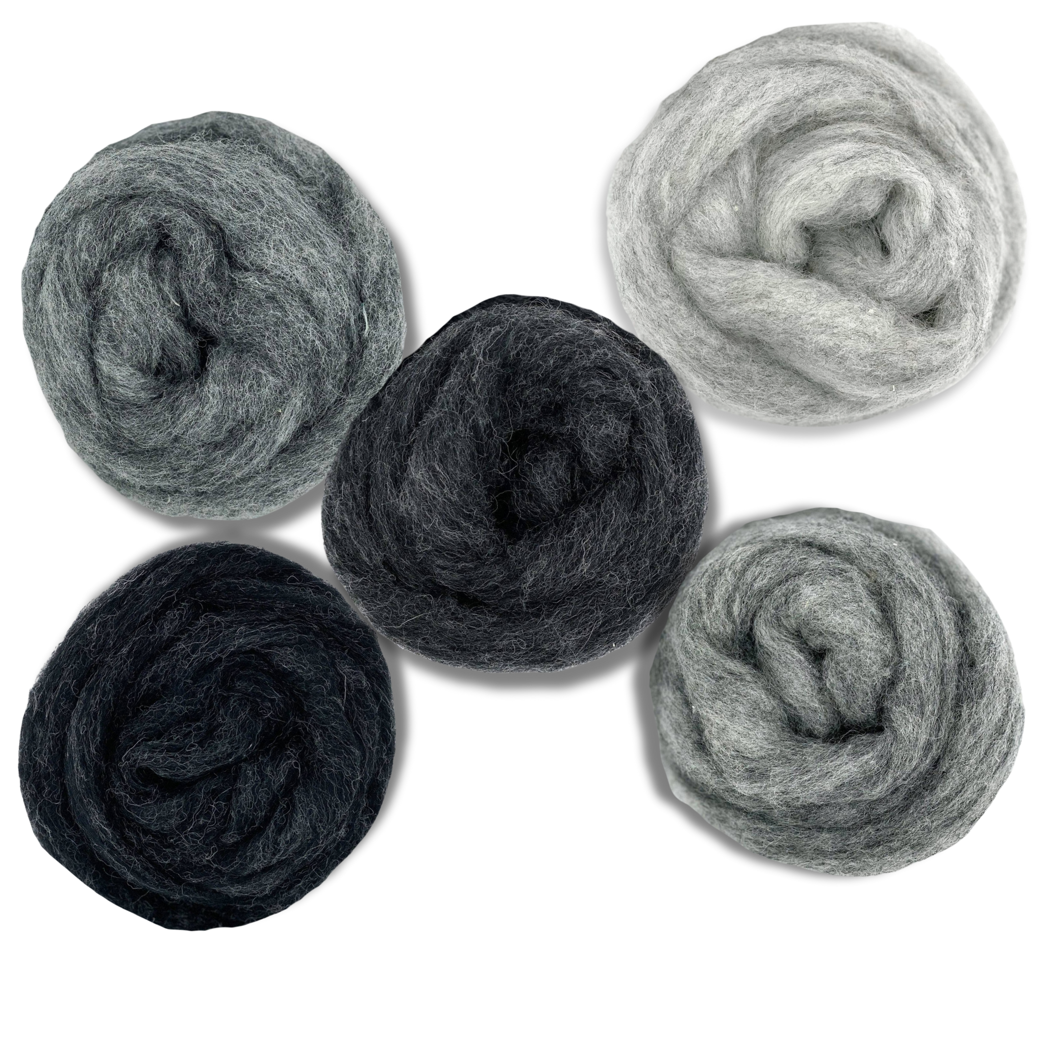 Five shades of gray Corriedale wool sliver from Revolution Fibers Grey Spectrum Variety Pack, shown as open swirled fiber rolls for felting, spinning, and fiber art projects.