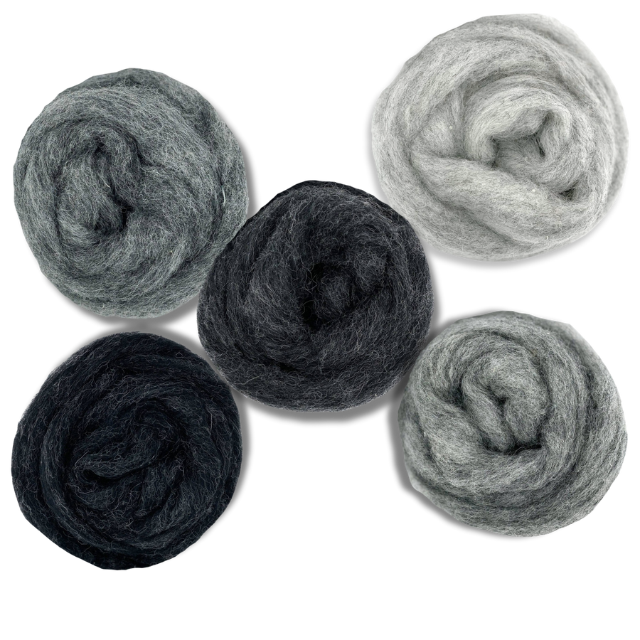 Five shades of gray Corriedale wool sliver from Revolution Fibers Grey Spectrum Variety Pack, shown as open swirled fiber rolls for felting, spinning, and fiber art projects.