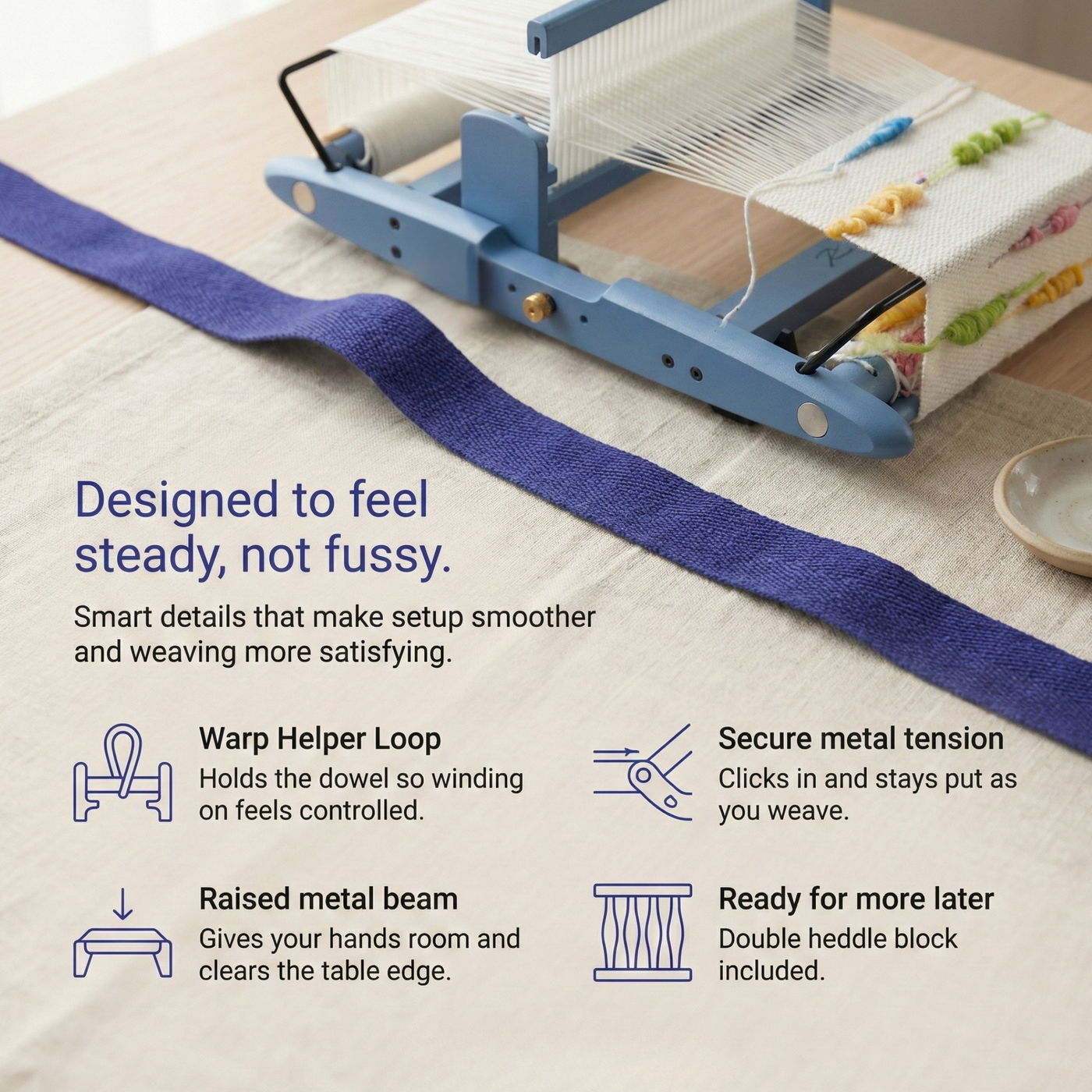 Kromski Presto Harbor Blue 2026 kit contents laid out: 2 shuttles, pick-up stick, warping peg + clamps, threading hook, and DK yarn.