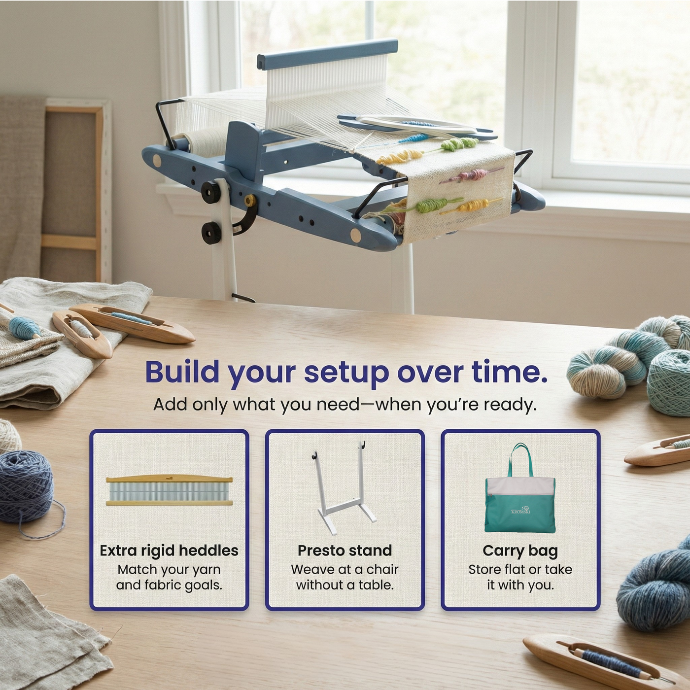 Kromski Presto Harbor Blue 2026 on stand by a bright window with accessory callouts: extra rigid heddles, Presto stand, and carry bag.