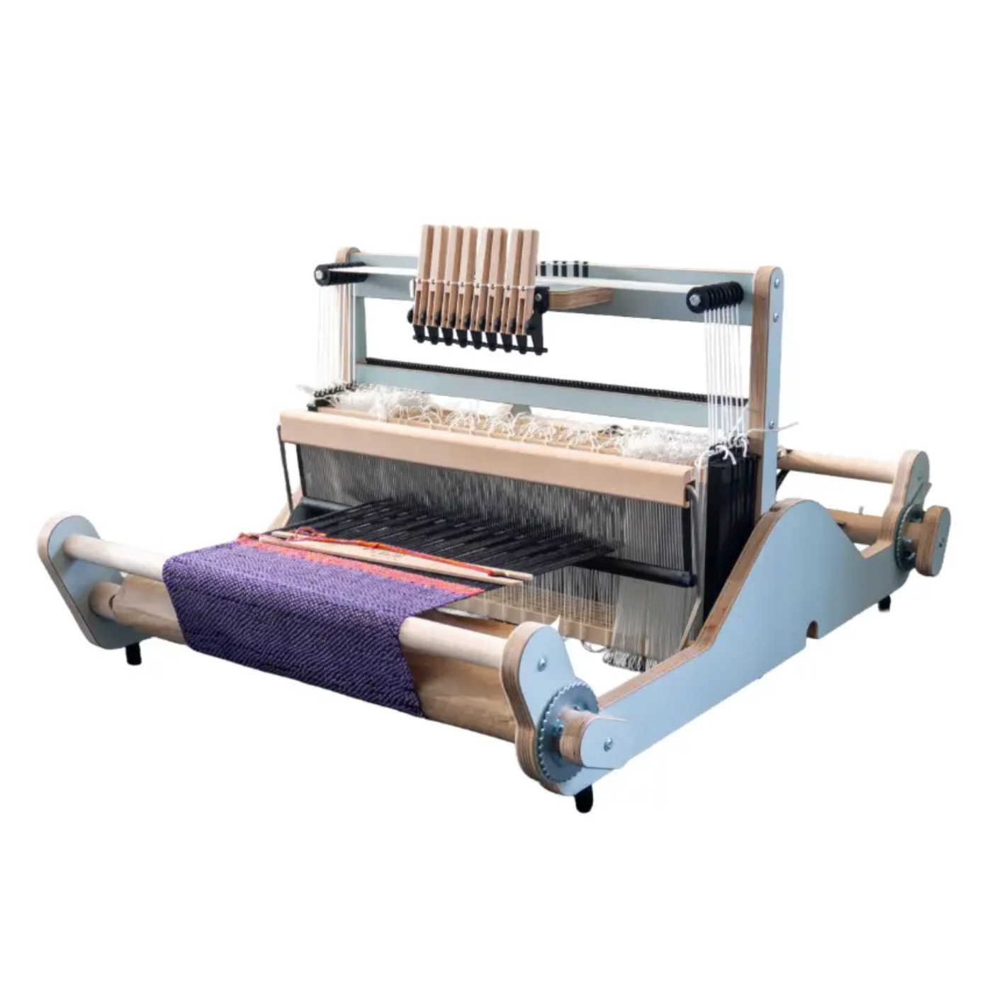 Revolution Fibers Louet Harmony 50-8 Table Loom in Light Blue with 20 inch weaving width, 8 shafts, and floating beater.